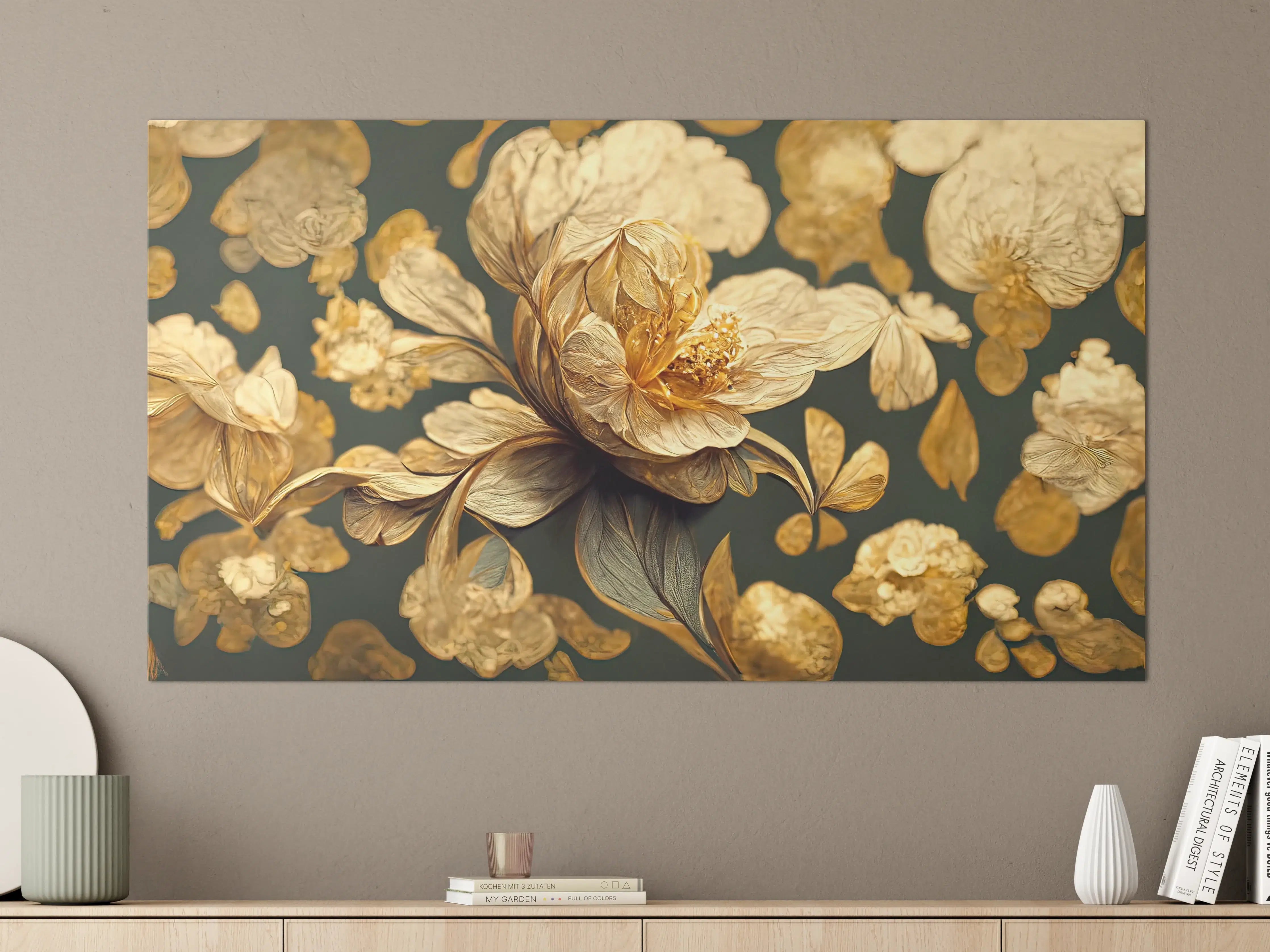 Große Wandbilder - Zarte Goldblumen vor dunklem Grau