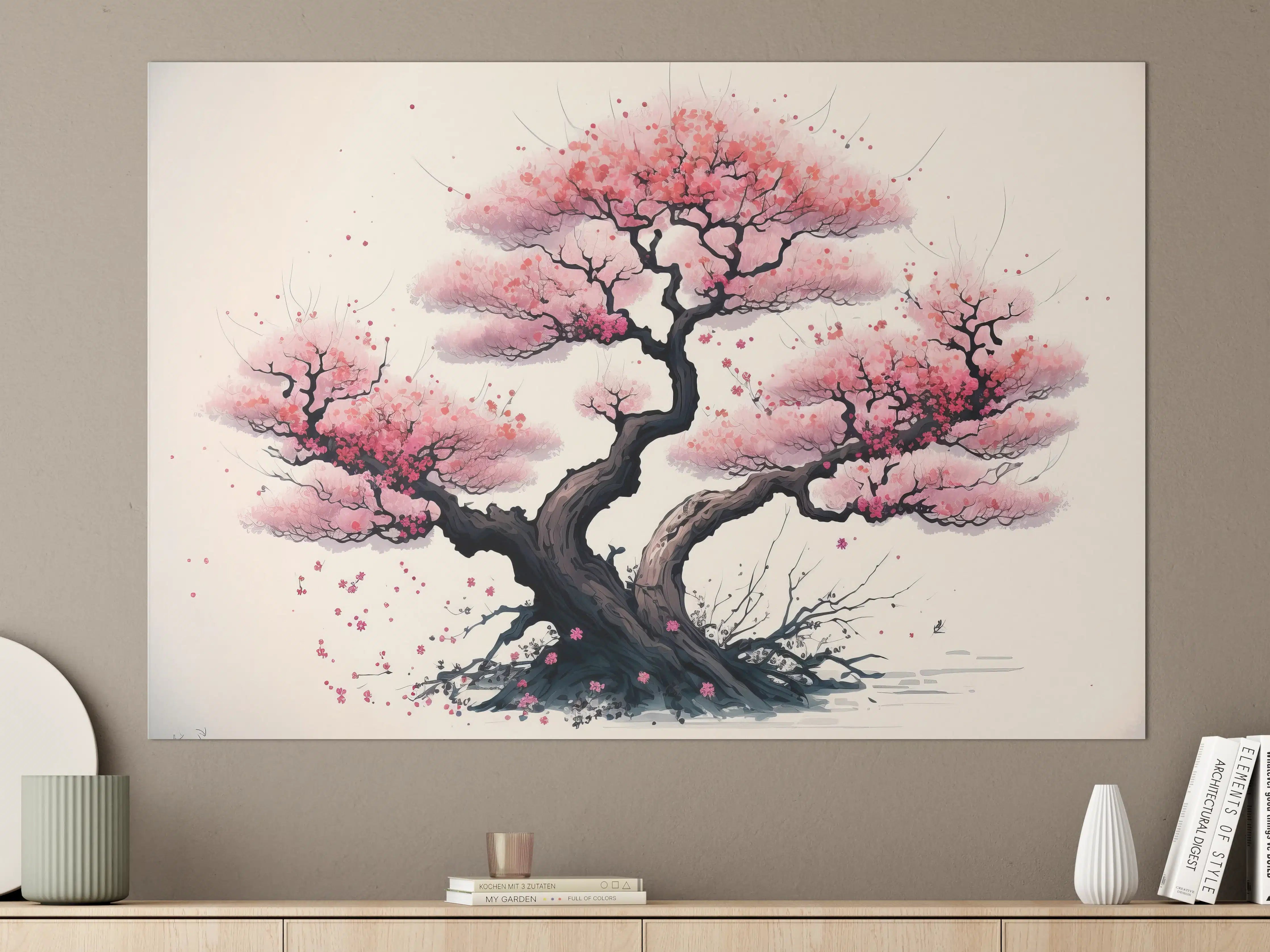 Große Wandbilder - Zarte Kirschblüten in Grauweiß: Aquarellmalerei
