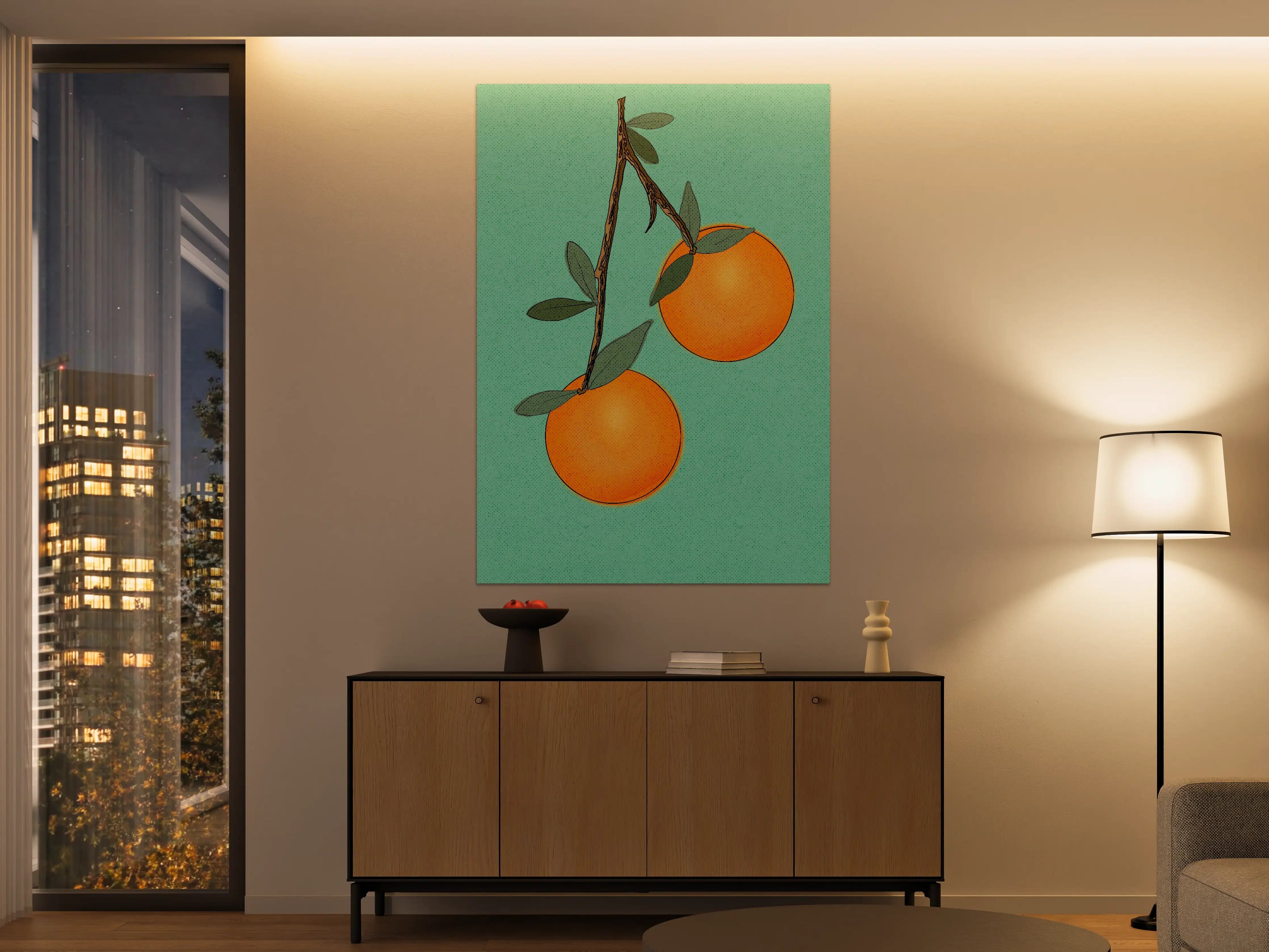 Große Wandbilder - Zarte Orangenszene auf grünem Hintergrund