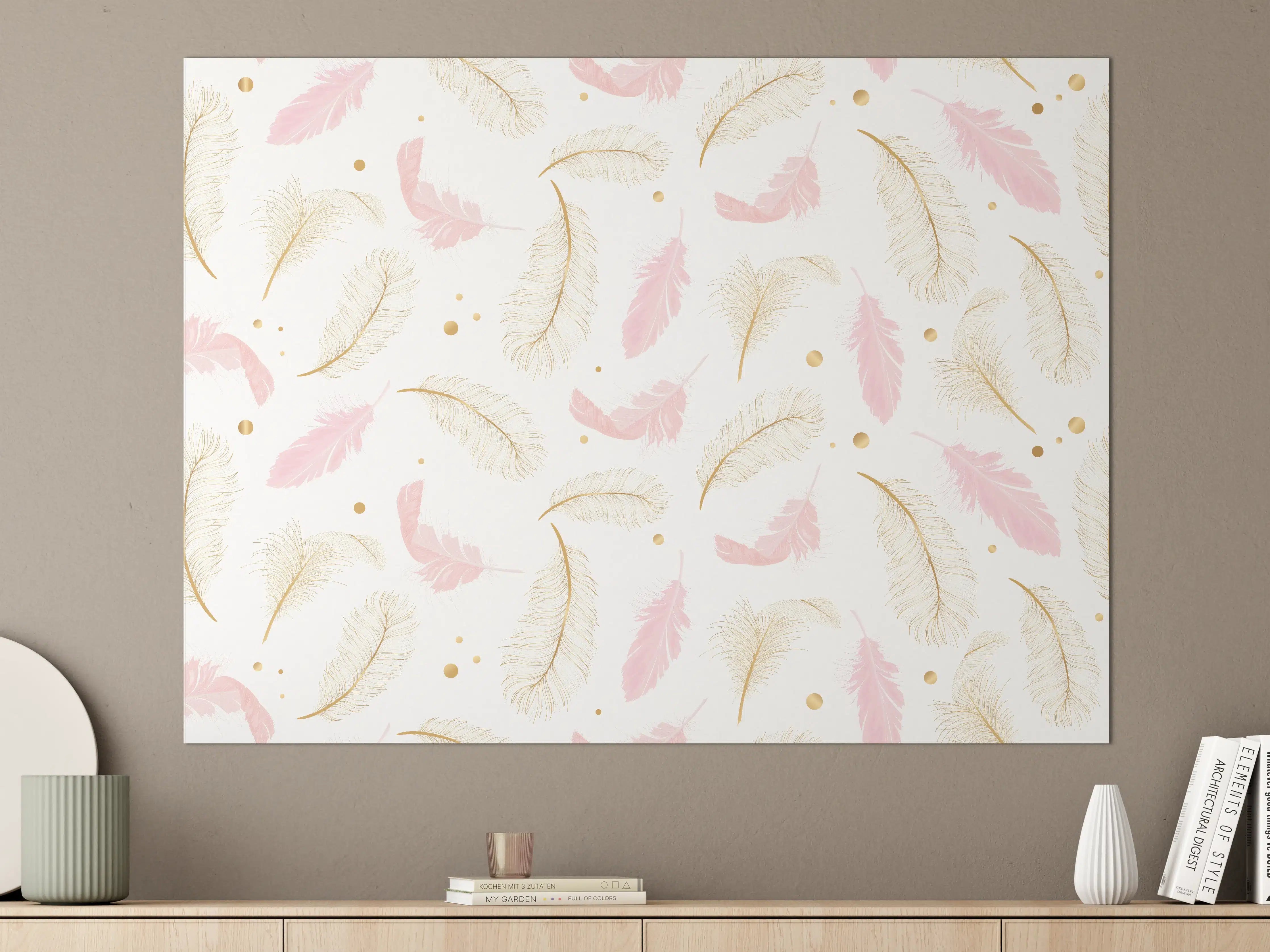 Große Wandbilder - Zarte Rosa-Gold Feder-Muster