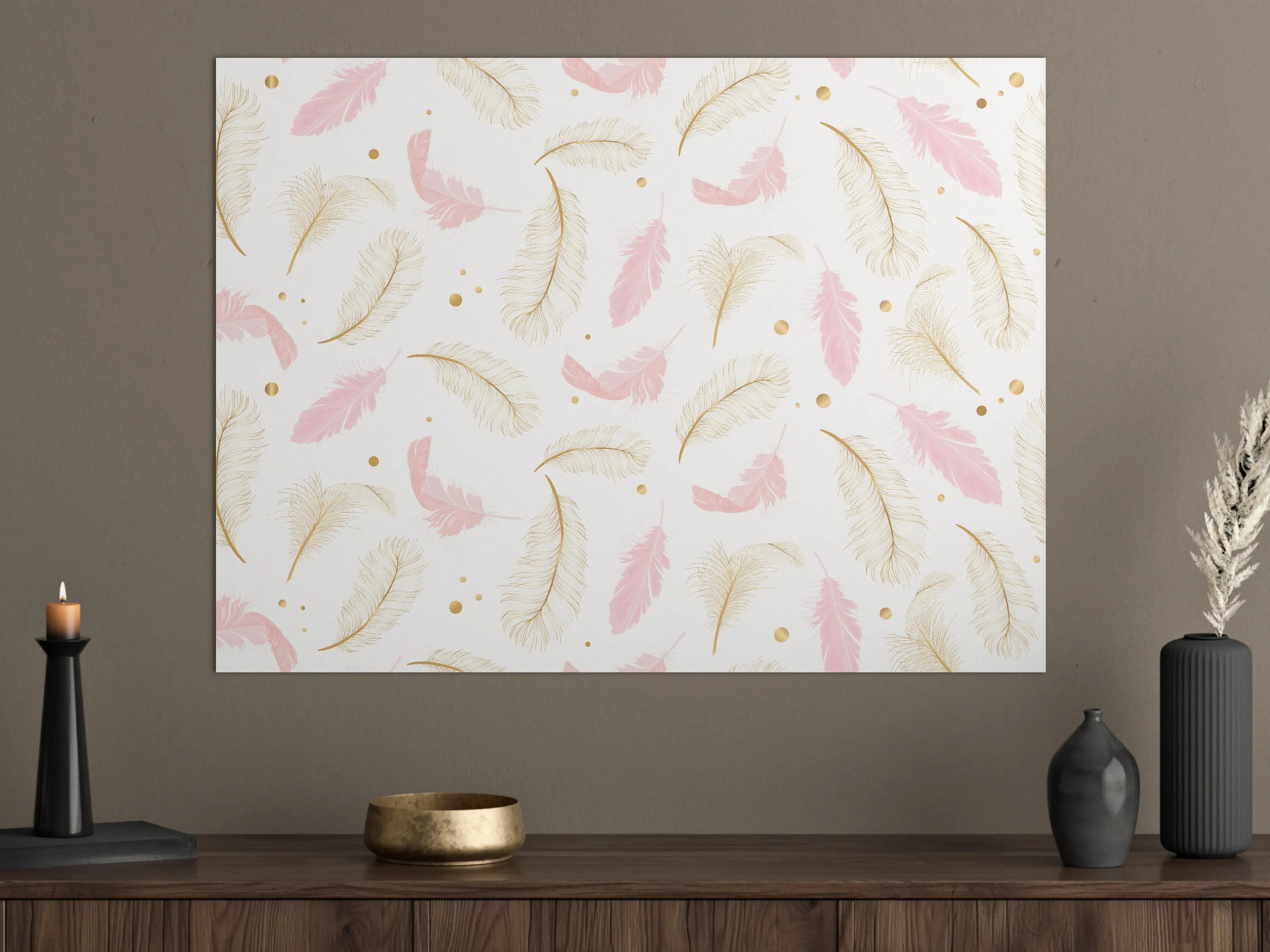 Große Wandbilder - Zarte Rosa-Gold Feder-Muster