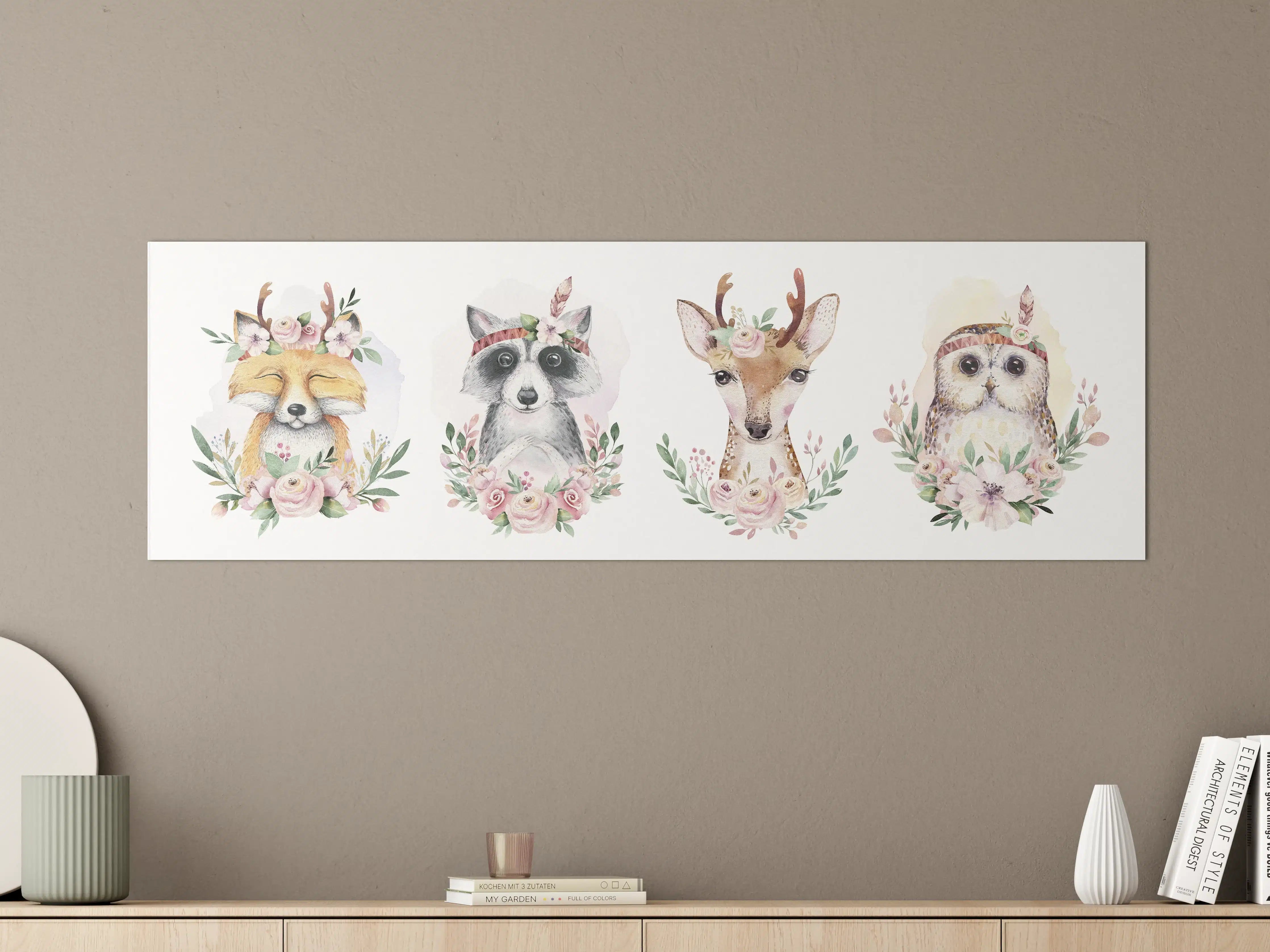 Große Wandbilder - Zarte Tiermotive mit Graublumenkränzen