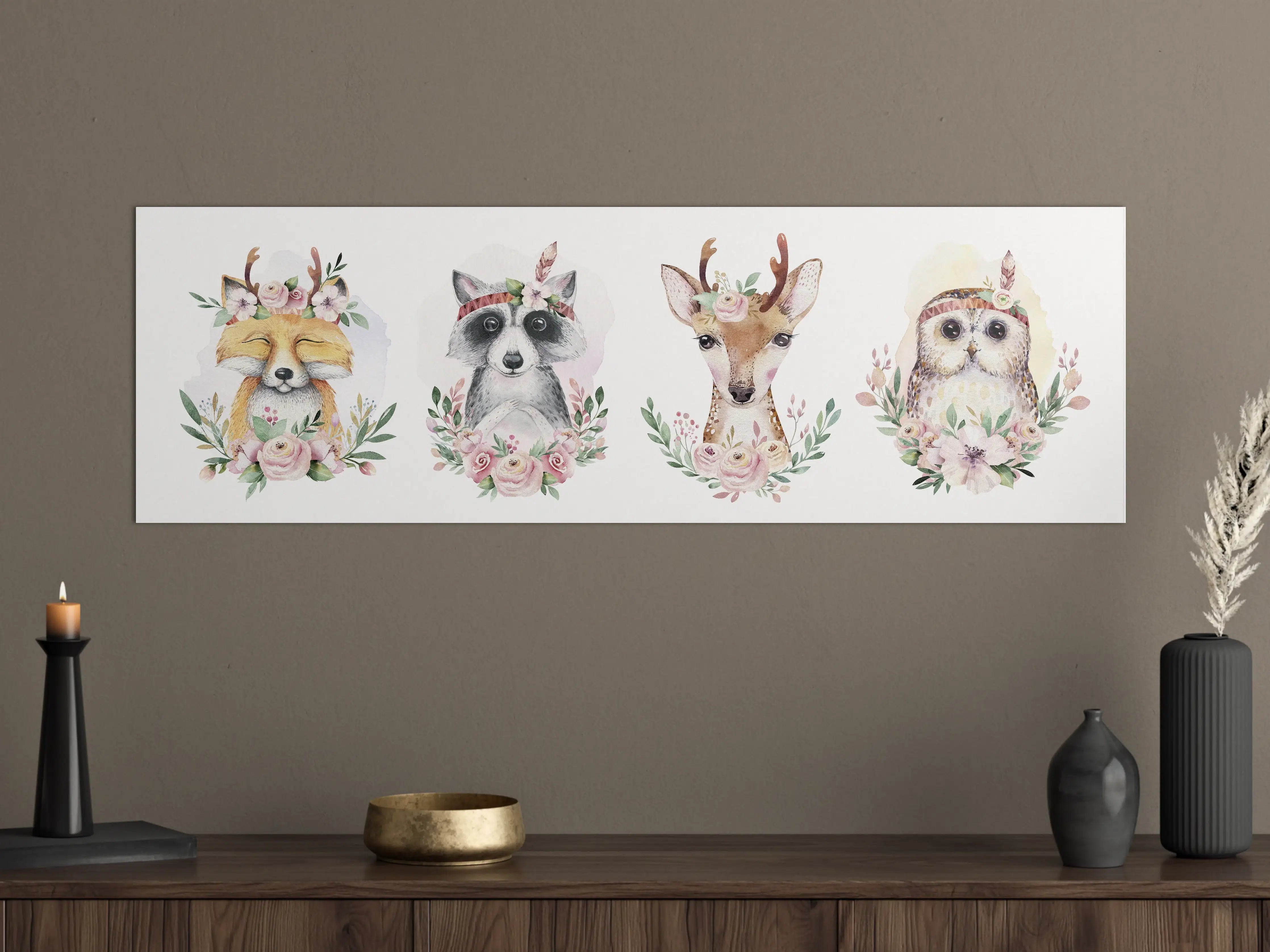 Große Wandbilder - Zarte Tiermotive mit Graublumenkränzen