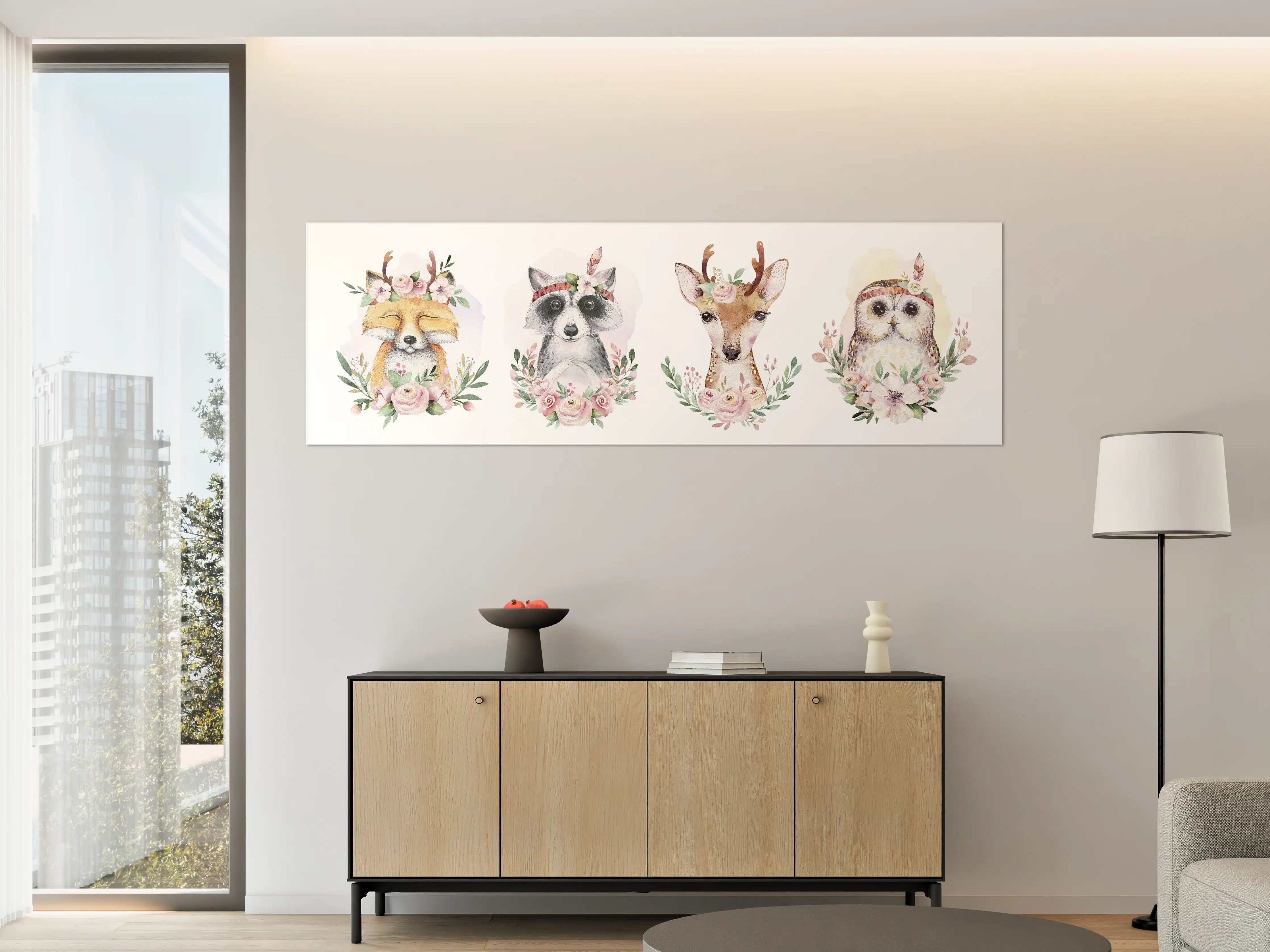 Große Wandbilder - Zarte Tiermotive mit Graublumenkränzen