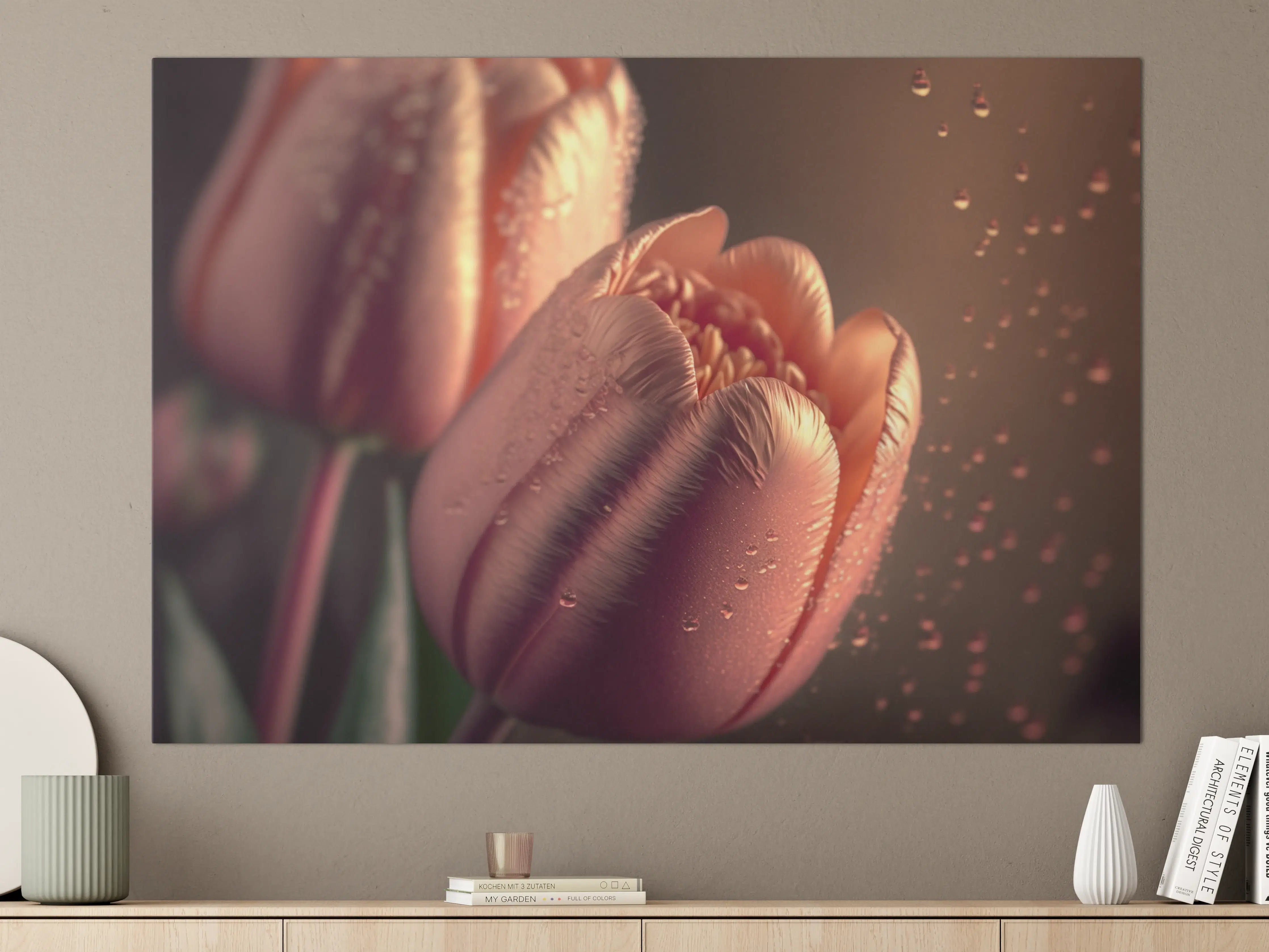 Große Wandbilder - Zarte pinke Tulpen mit Wassertröpfchen