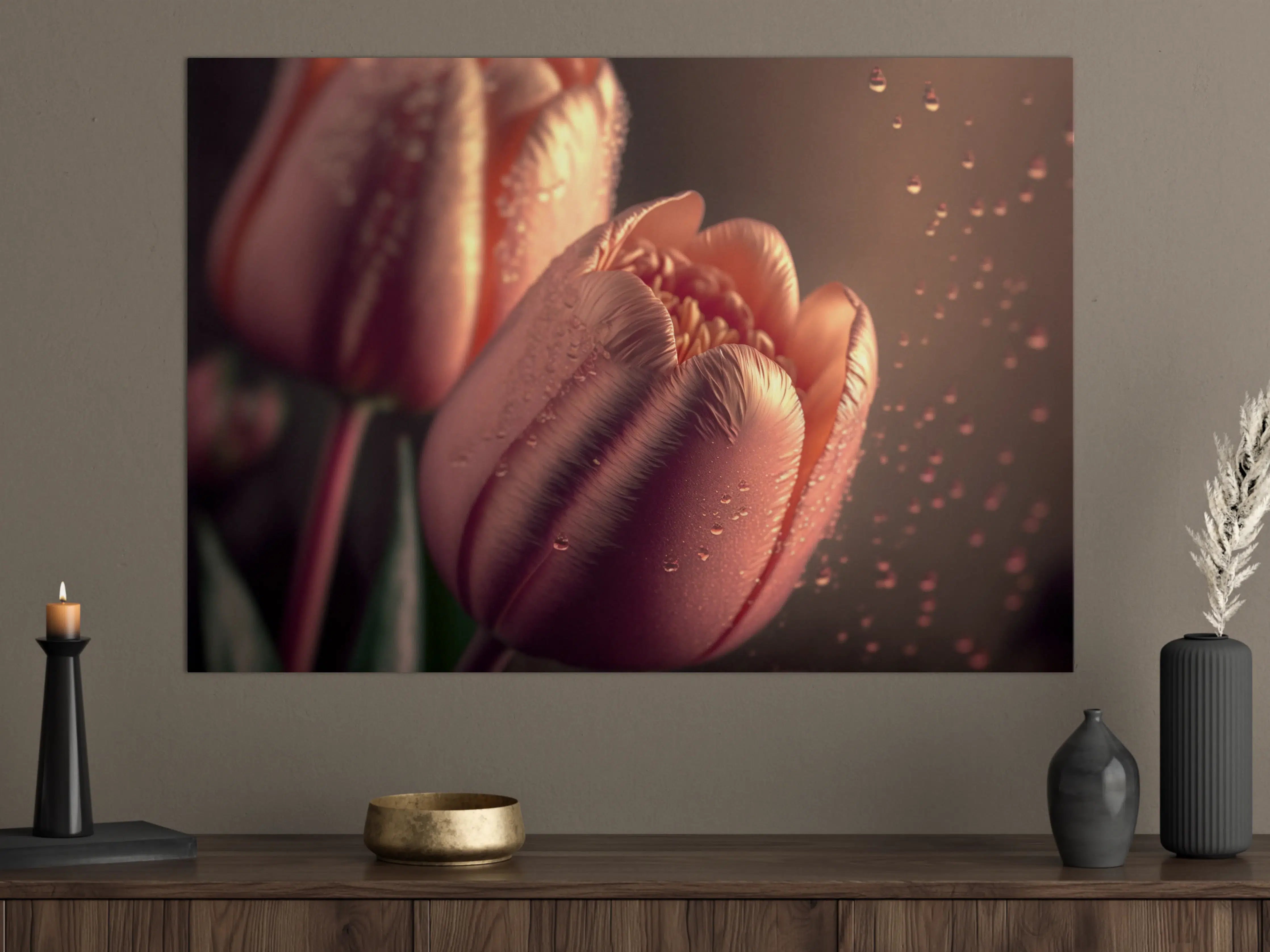 Große Wandbilder - Zarte pinke Tulpen mit Wassertröpfchen