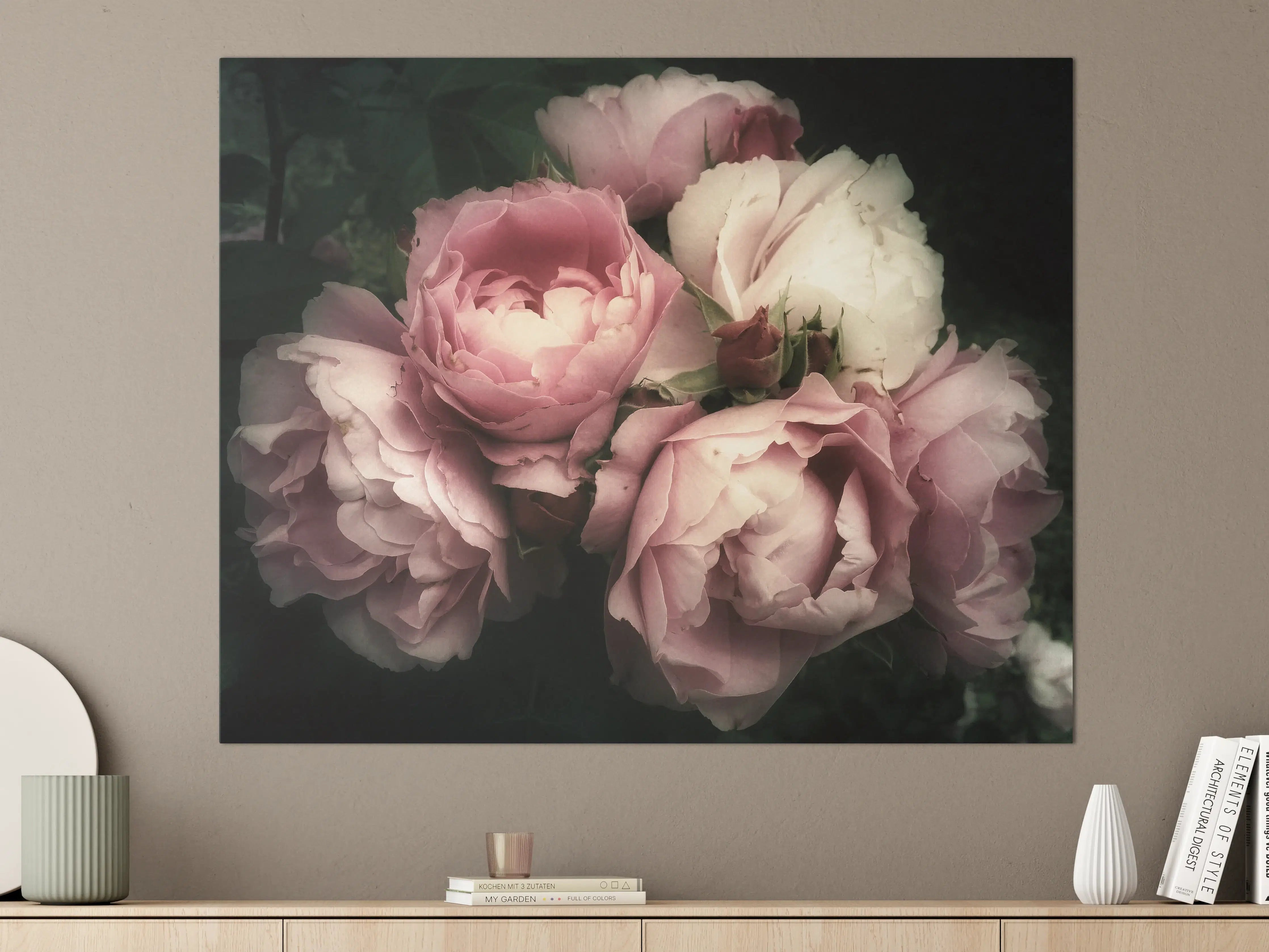 Große Wandbilder - Zarte rosa Pfingstrosen in dunklem Hintergrund