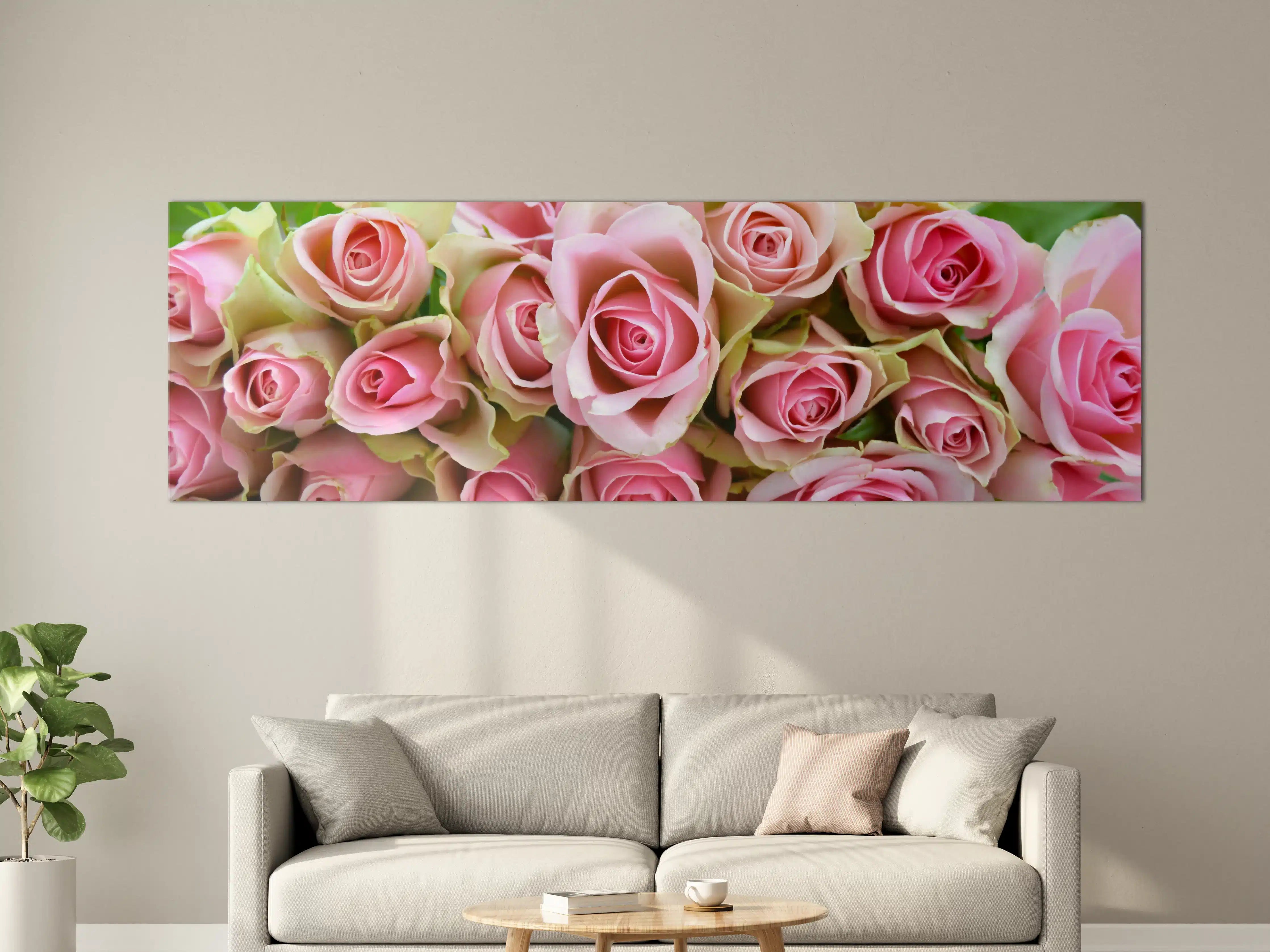 Große Wandbilder - Zarte rosa Rosensträuße mit grünen Blättern