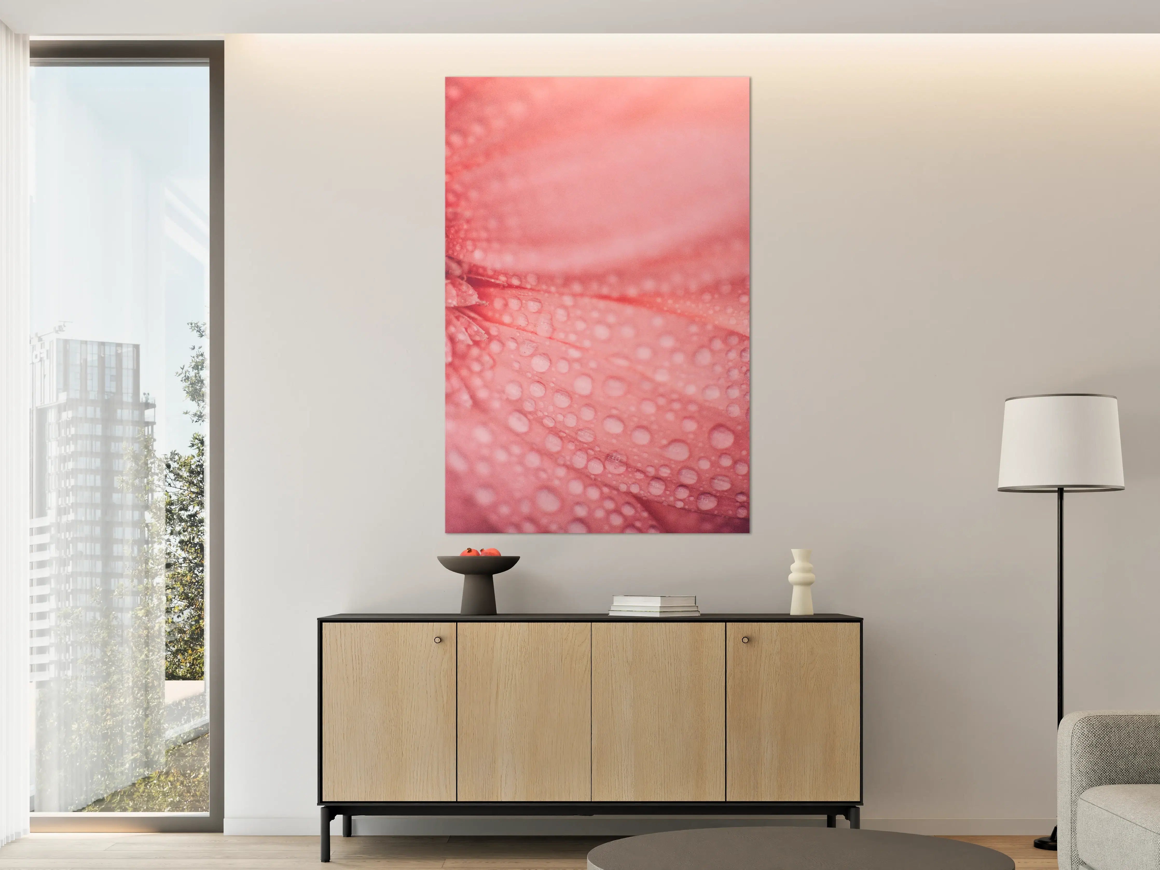 Große Wandbilder - Zartrosa Blumenblüte mit Wassertröpfchen