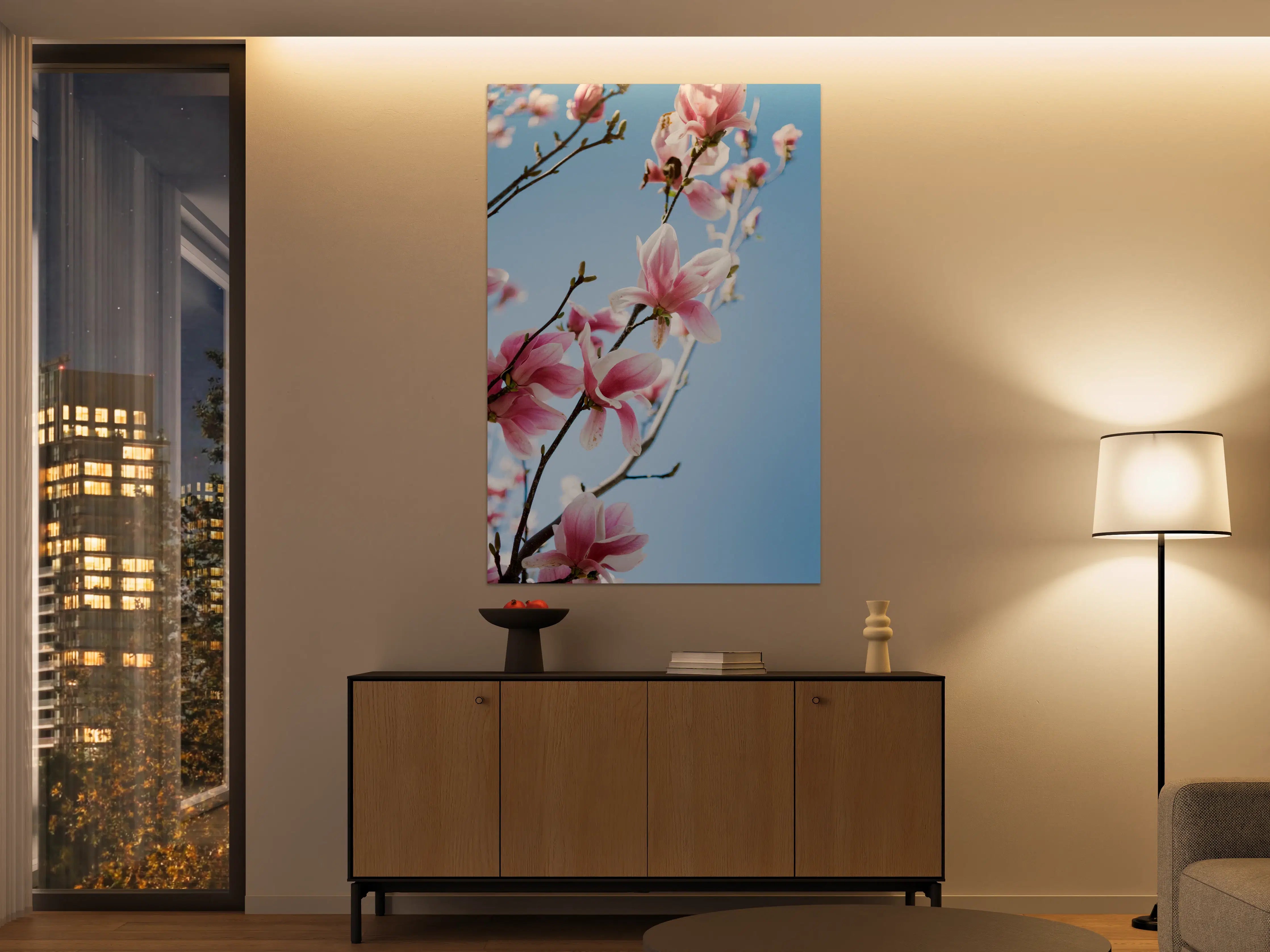 Große Wandbilder - Zartrosa Magnolienblüten vor blauem Himmel