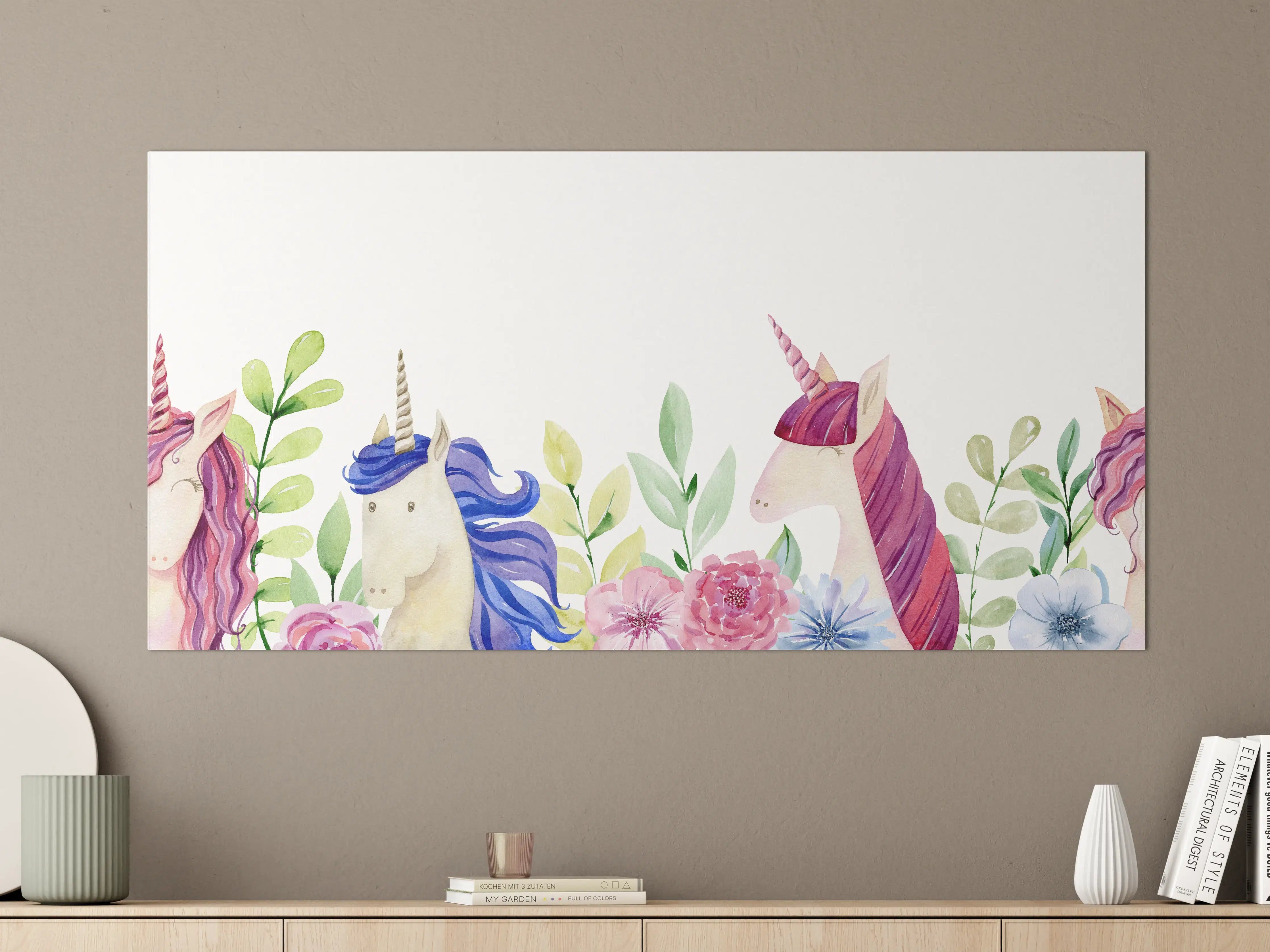Große Wandbilder - Zauberhafte Einhorn-Welt mit bunten Blumen