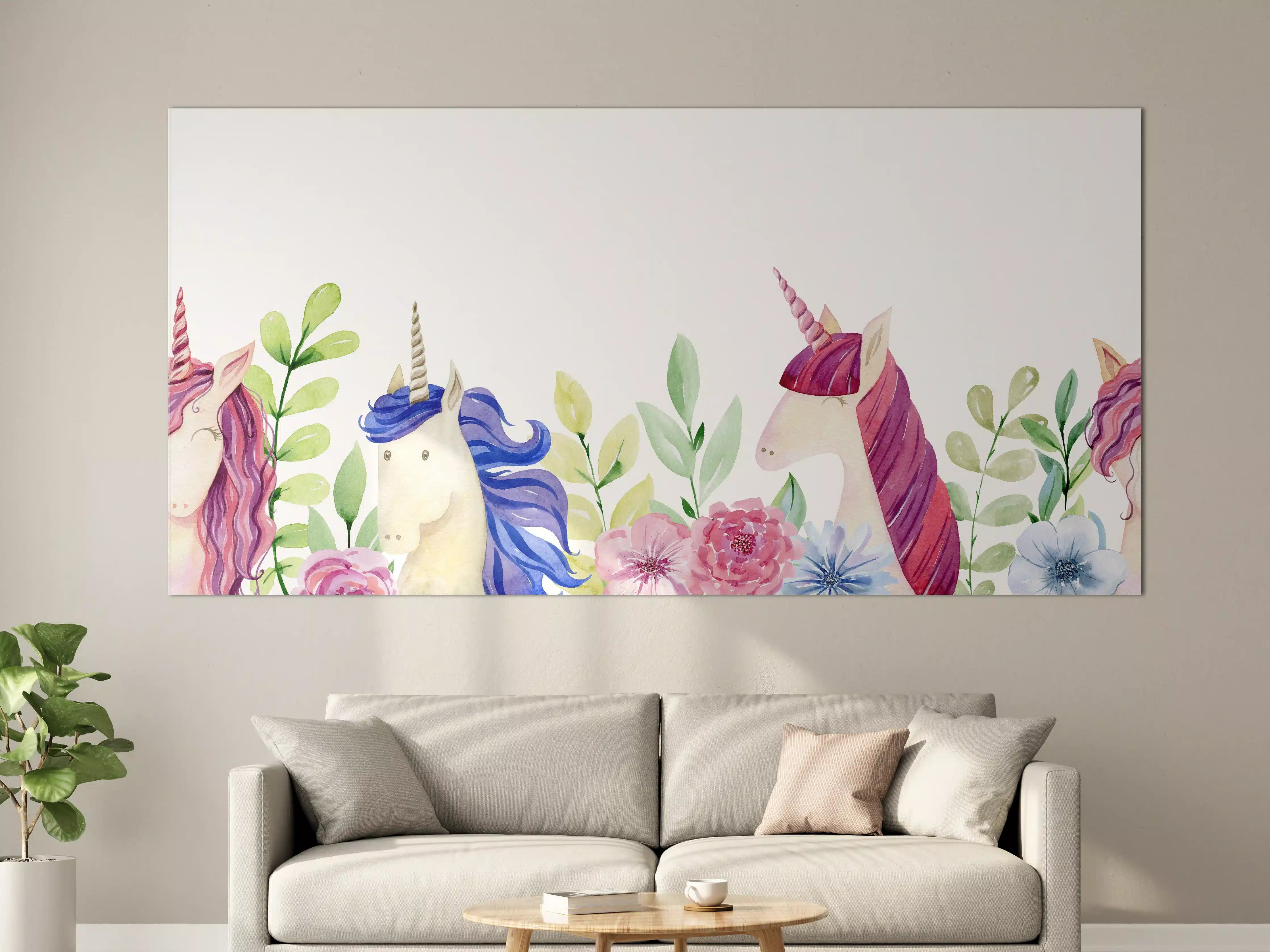 Große Wandbilder - Zauberhafte Einhorn-Welt mit bunten Blumen