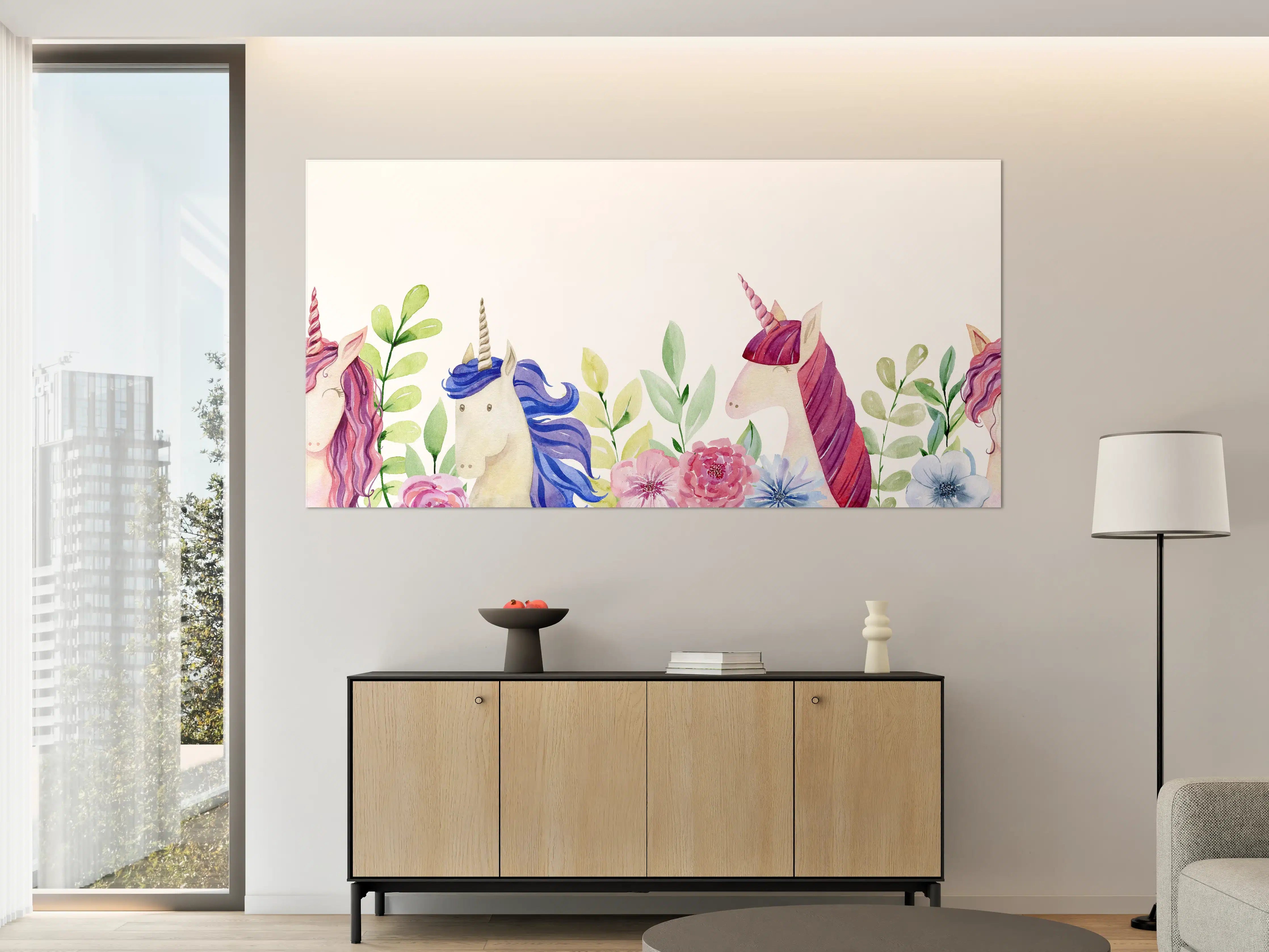 Große Wandbilder - Zauberhafte Einhorn-Welt mit bunten Blumen