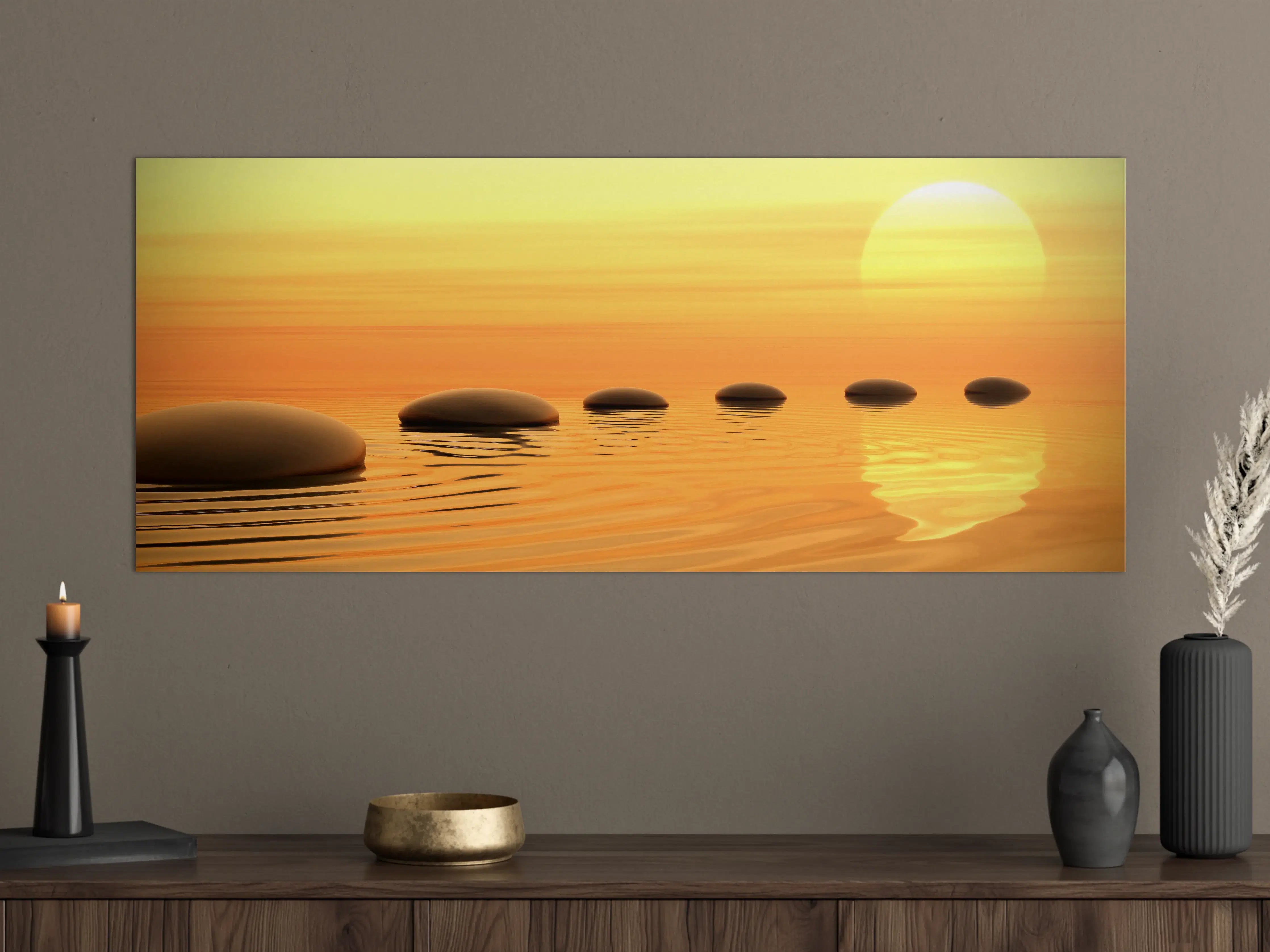 Große Wandbilder - Zen-Pfad aus Steinen bei endlosem Sonnenuntergang 