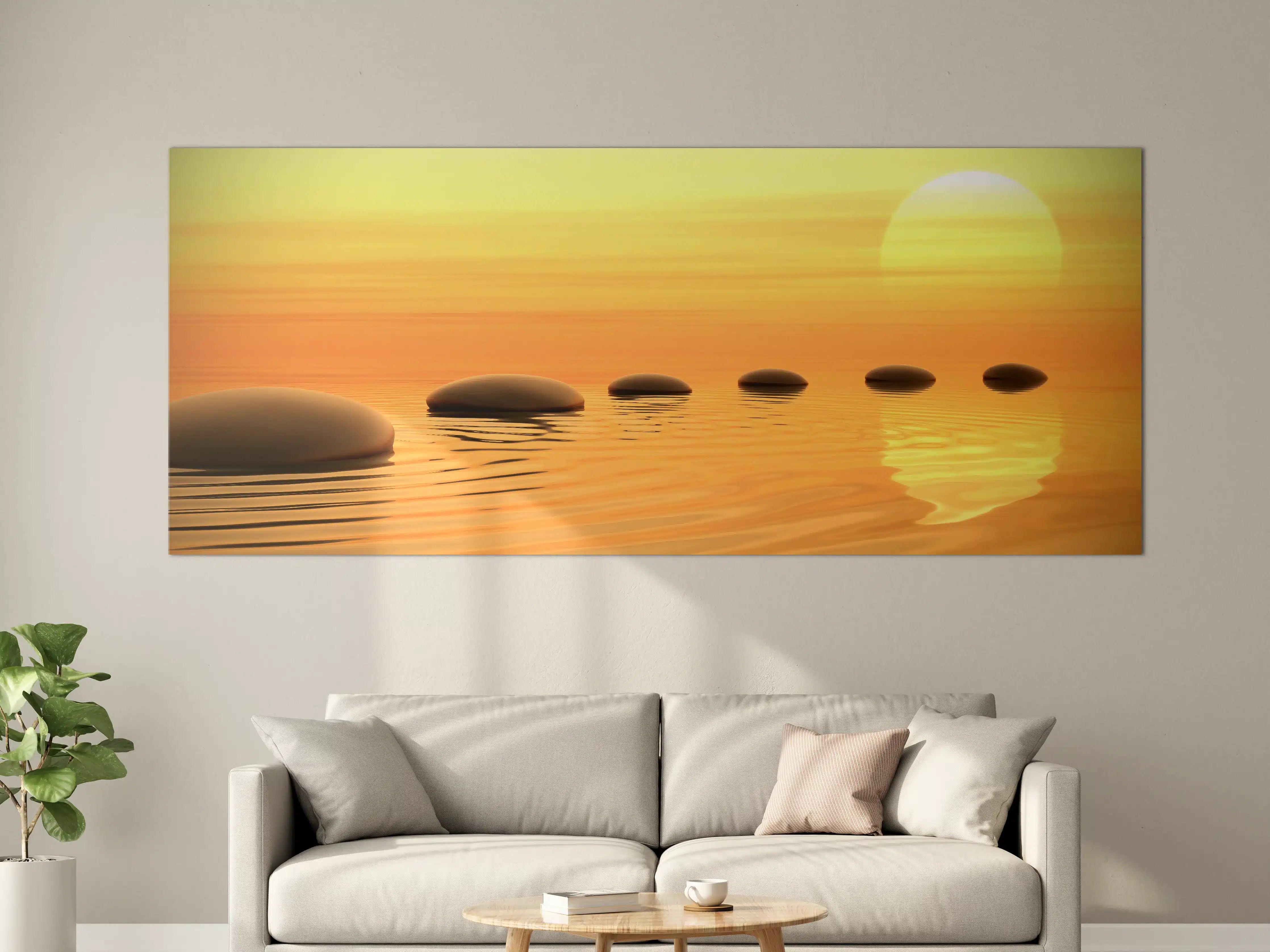 Große Wandbilder - Zen-Pfad aus Steinen bei endlosem Sonnenuntergang 