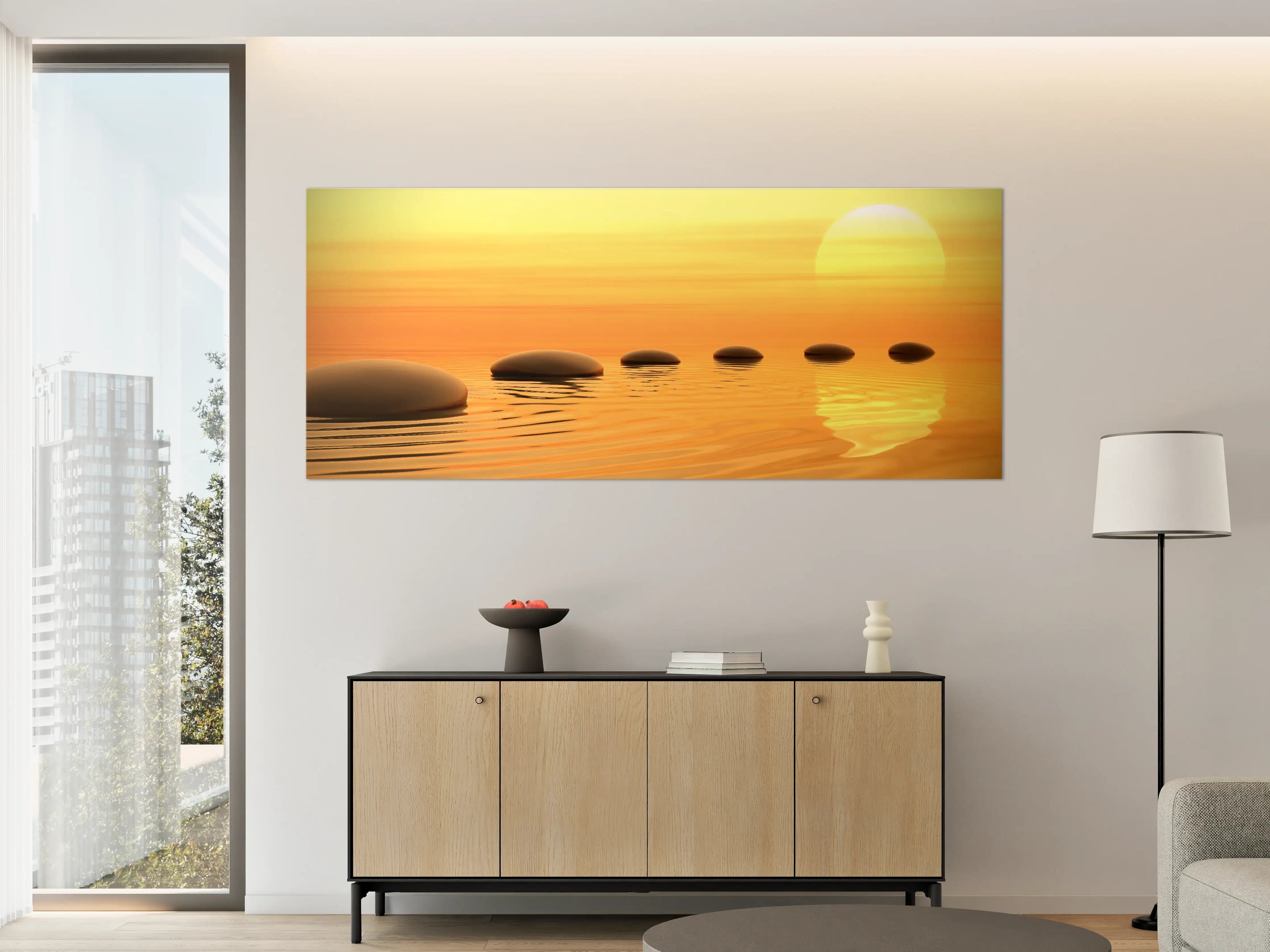 Große Wandbilder - Zen-Pfad aus Steinen bei endlosem Sonnenuntergang 