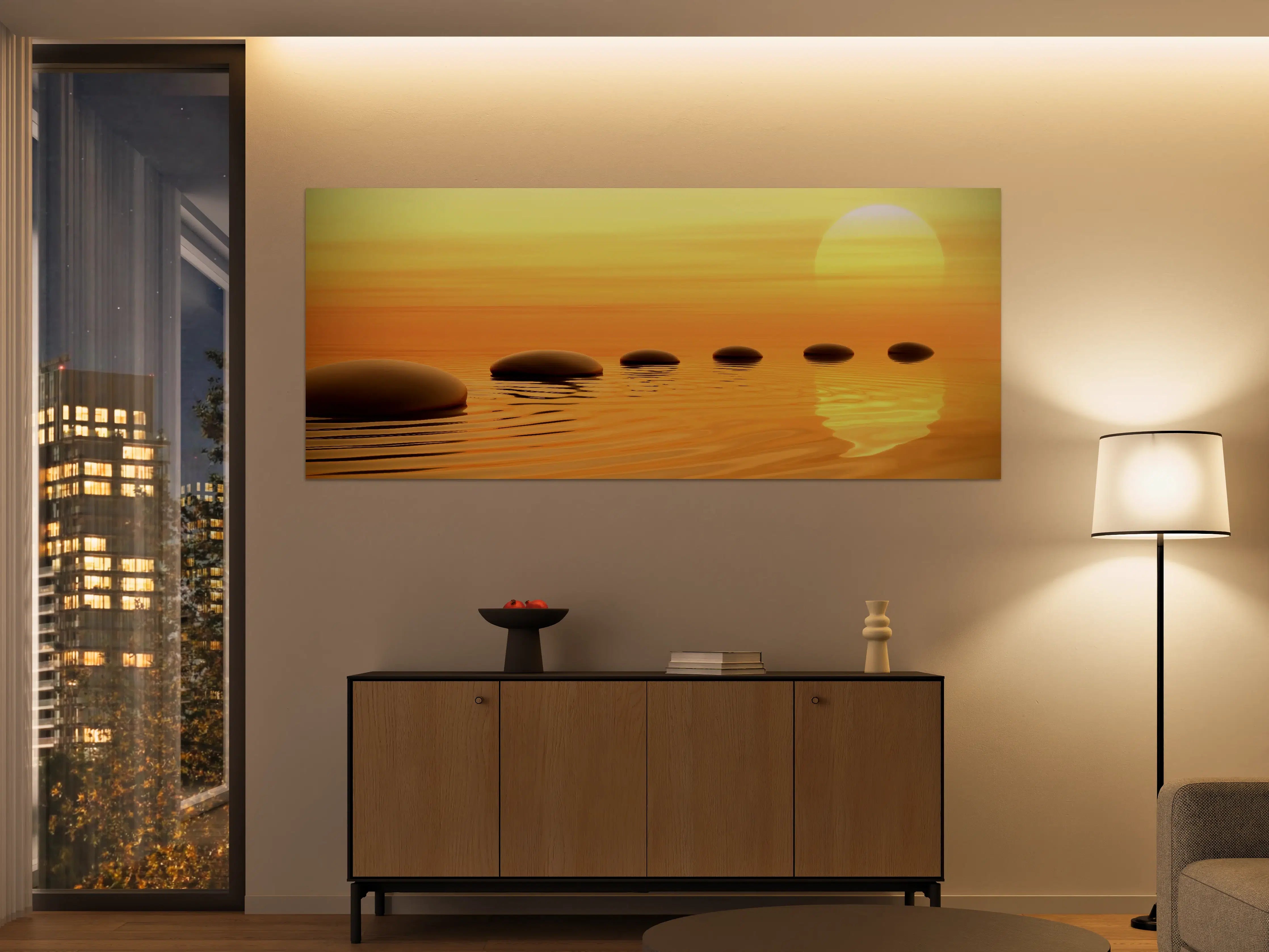 Große Wandbilder - Zen-Pfad aus Steinen bei endlosem Sonnenuntergang 