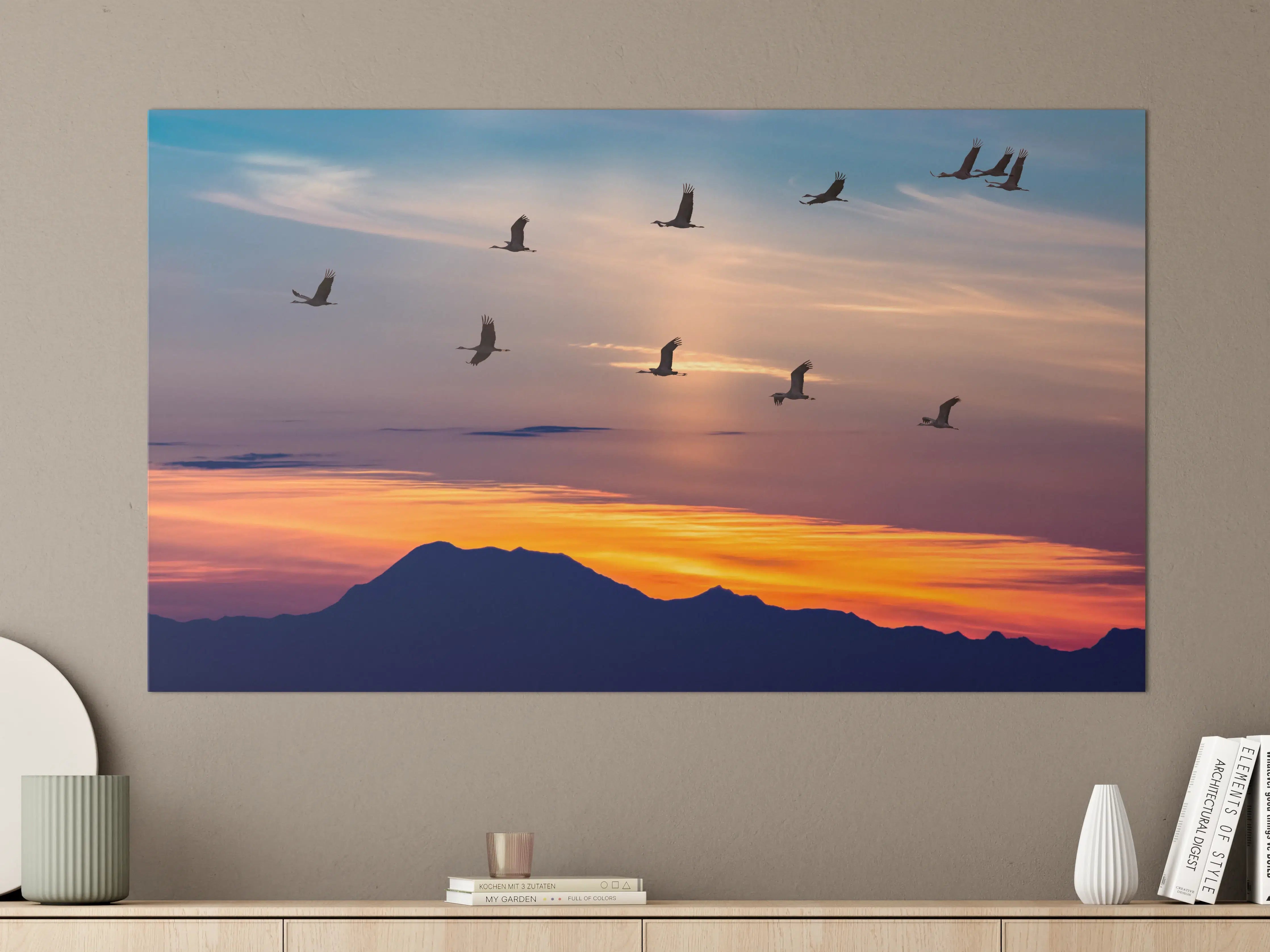 Große Wandbilder - Zugvögel fliegen bei Sonnenuntergang