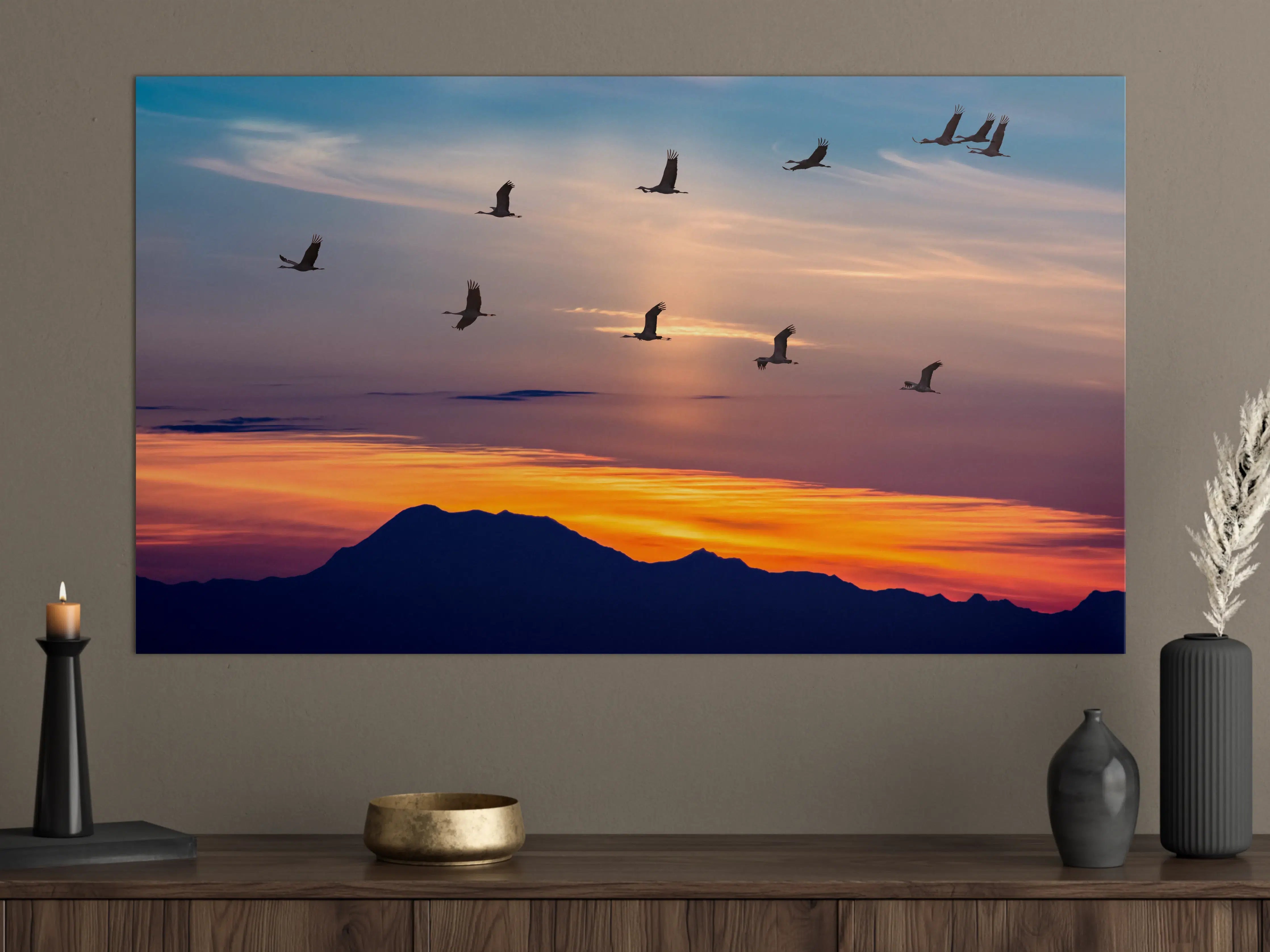 Große Wandbilder - Zugvögel fliegen bei Sonnenuntergang