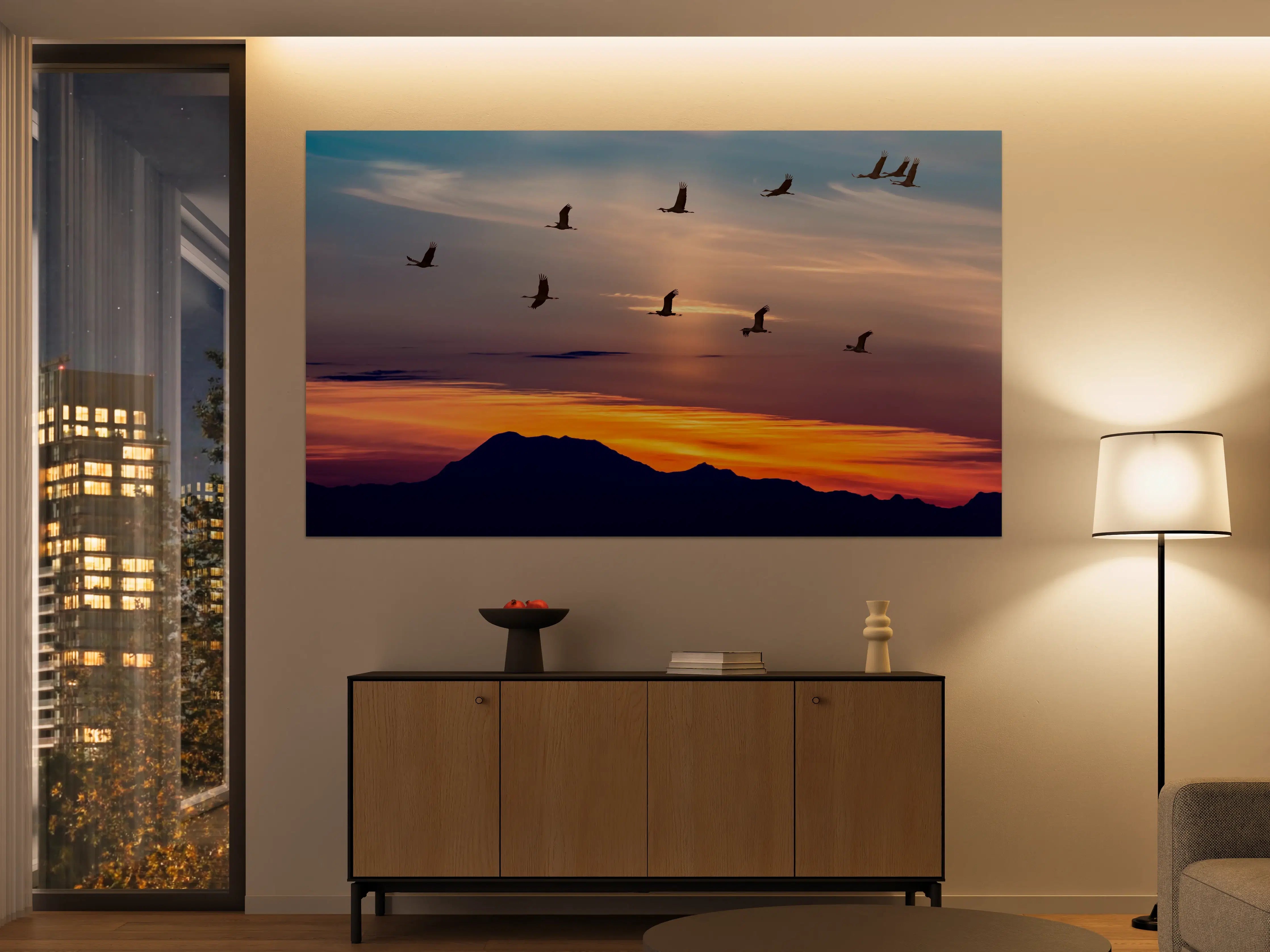 Große Wandbilder - Zugvögel fliegen bei Sonnenuntergang