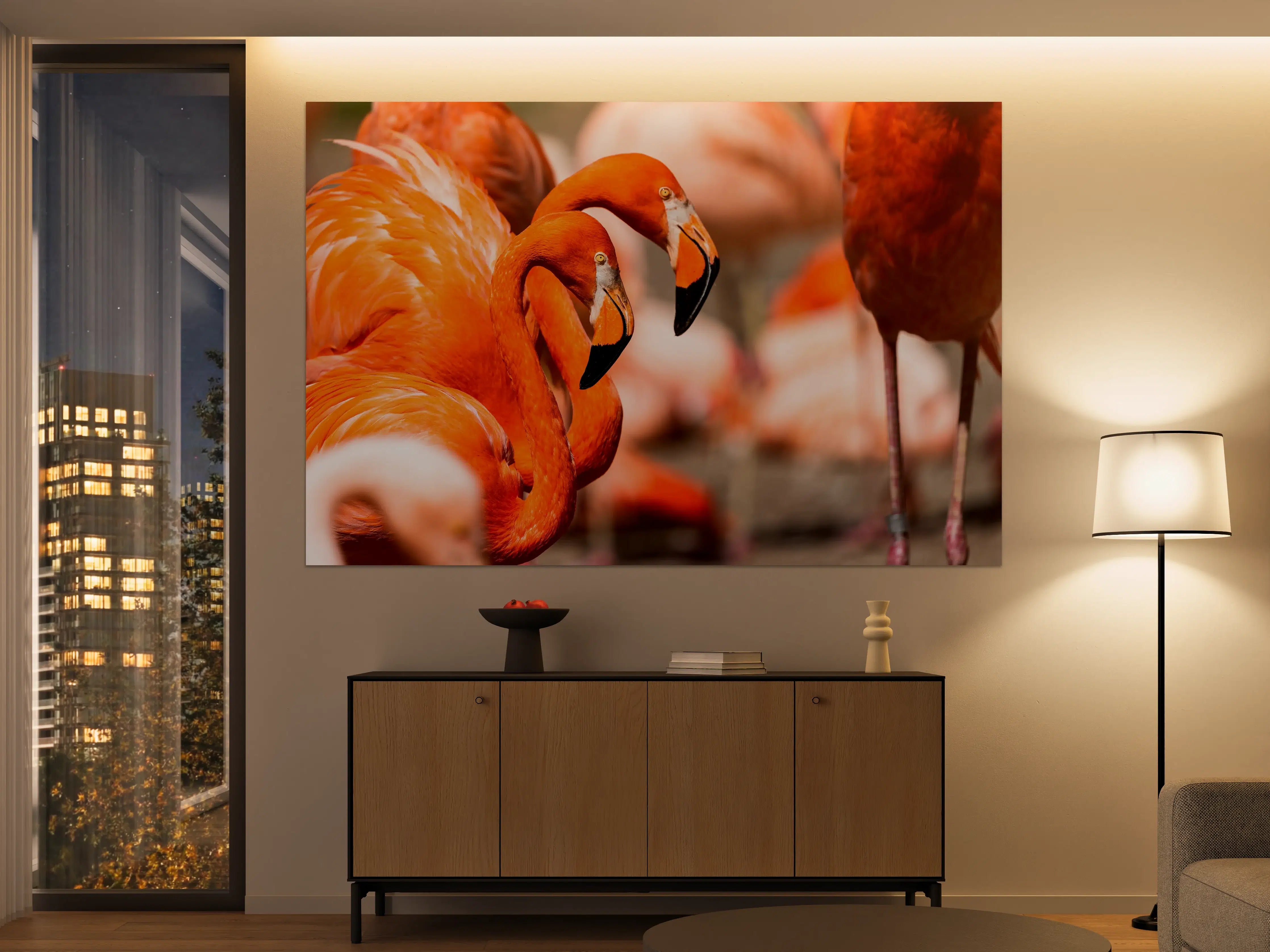 Große Wandbilder - Zwei Flamingos in der Herde