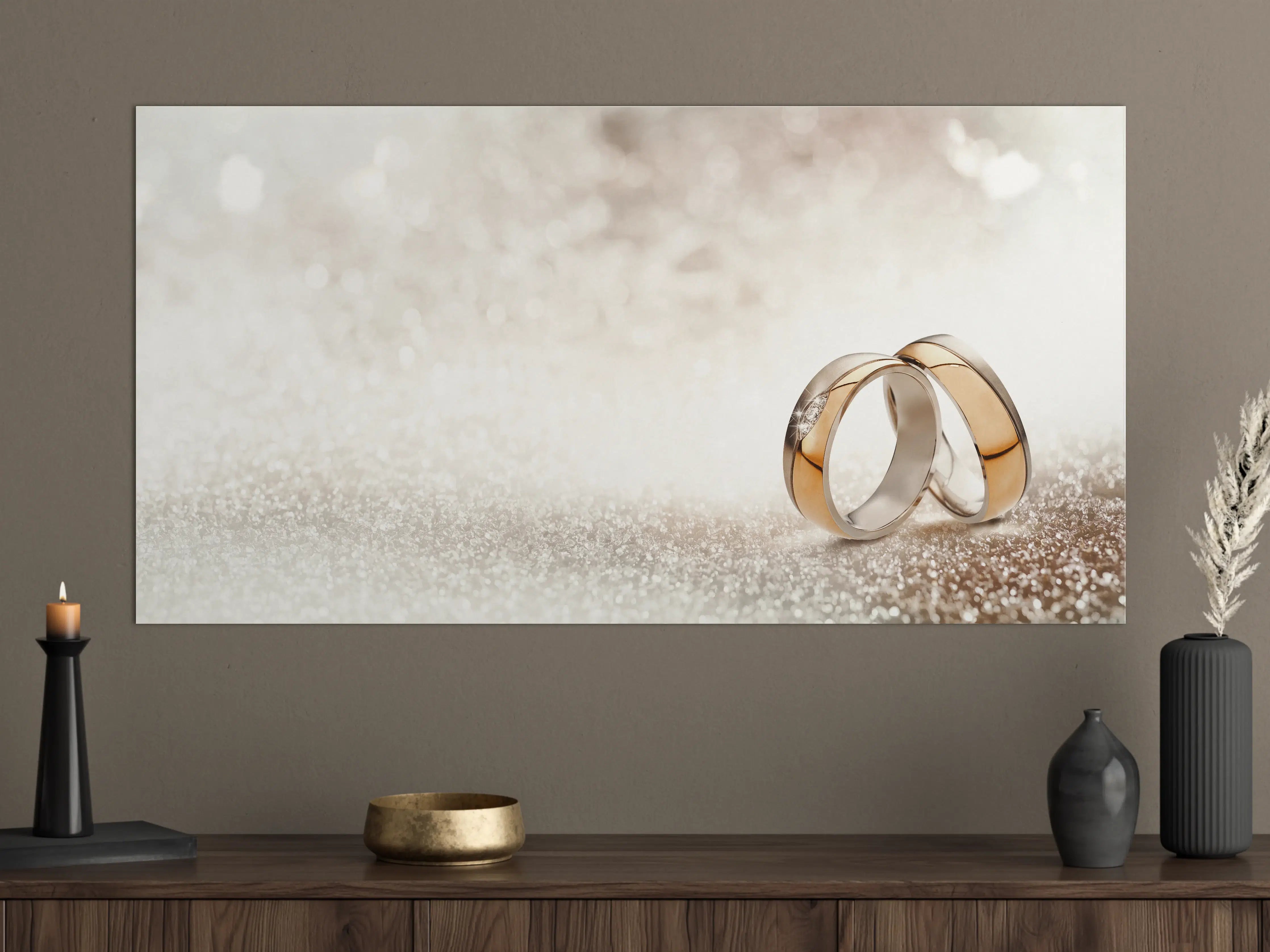 Große Wandbilder - Zwei goldene Eheringe mit Glitter Hintergrund