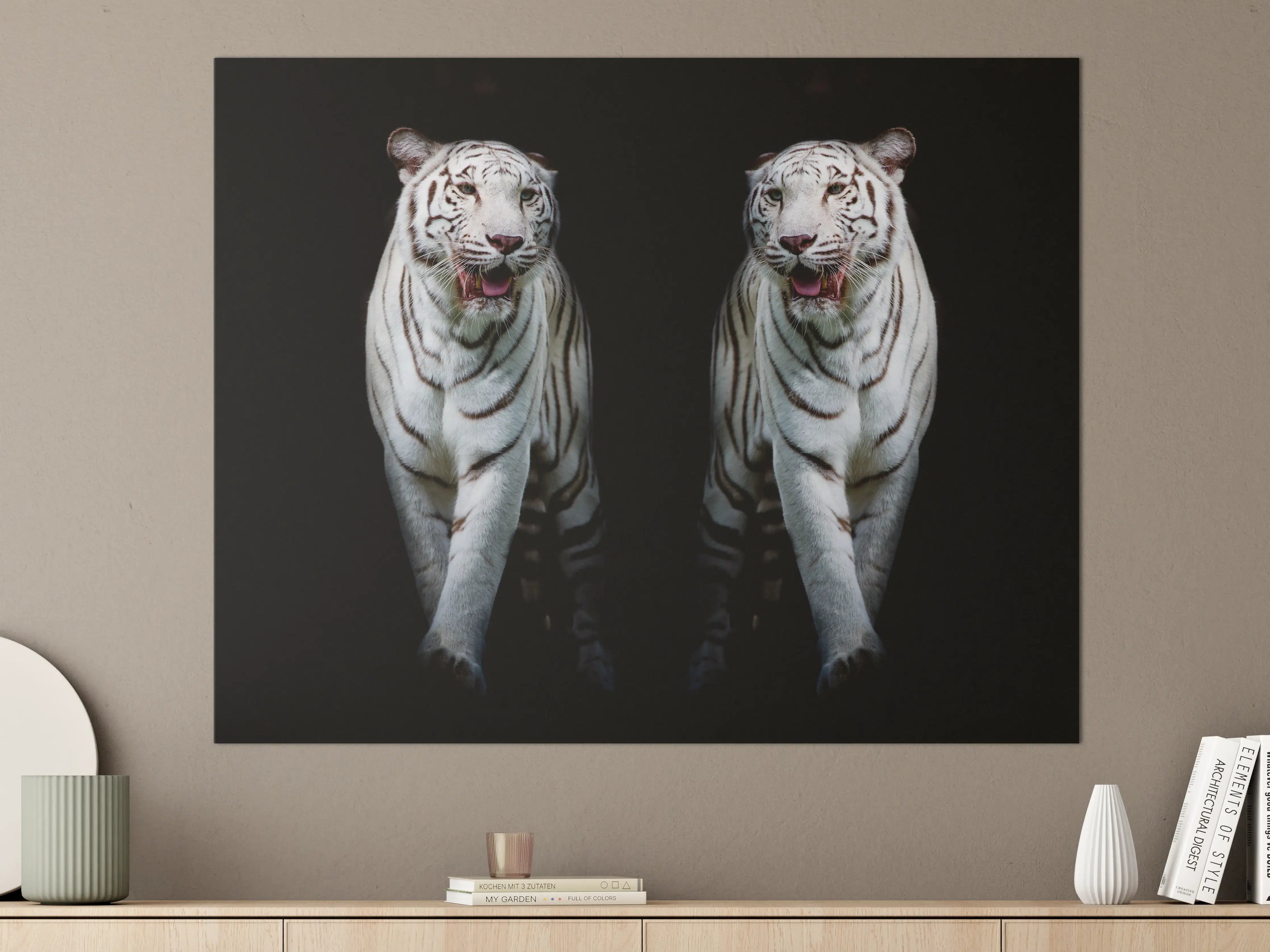 Große Wandbilder - Zwei weiße Tiger auf schwarzem Hintergrund