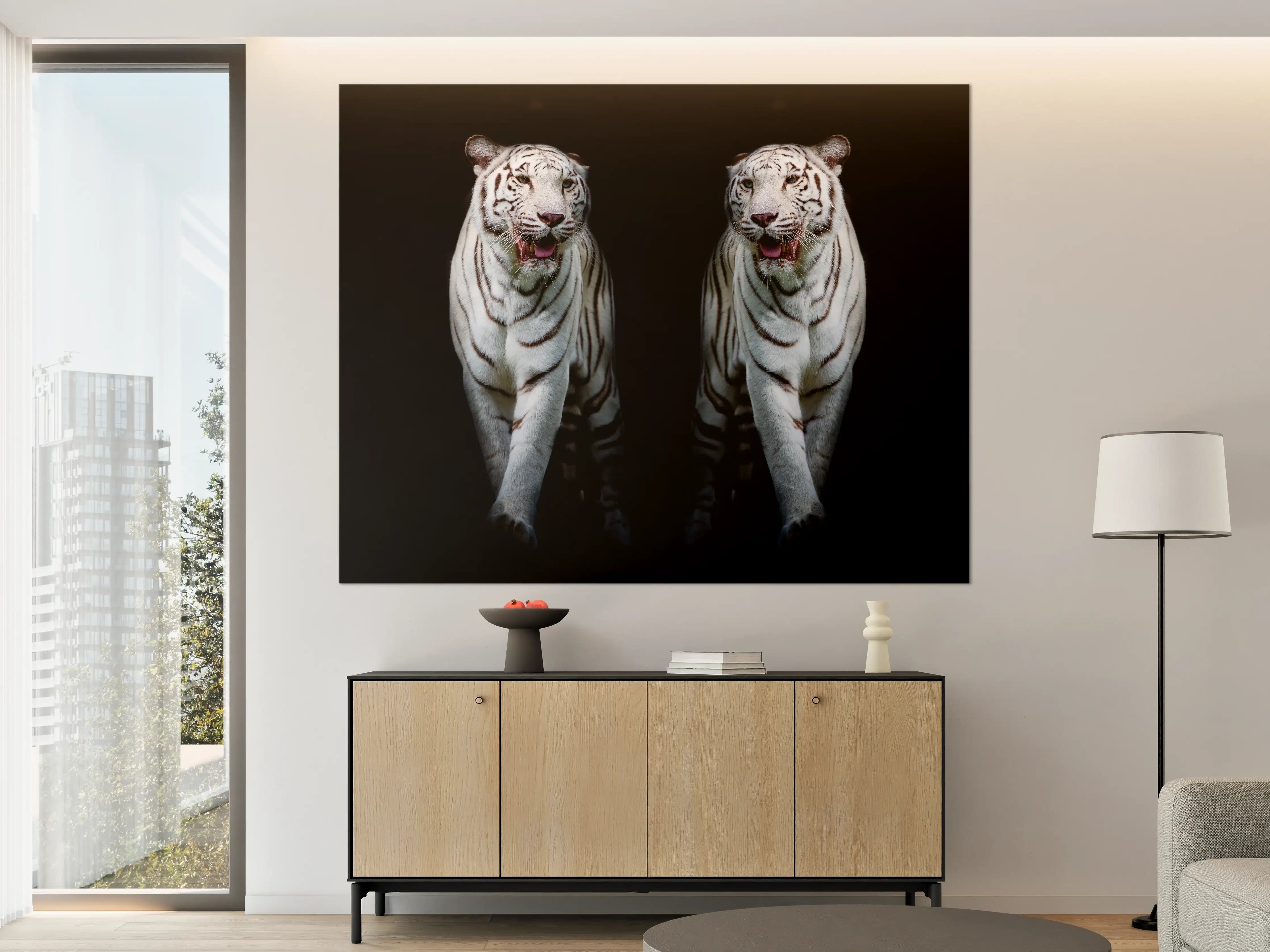 Große Wandbilder - Zwei weiße Tiger auf schwarzem Hintergrund