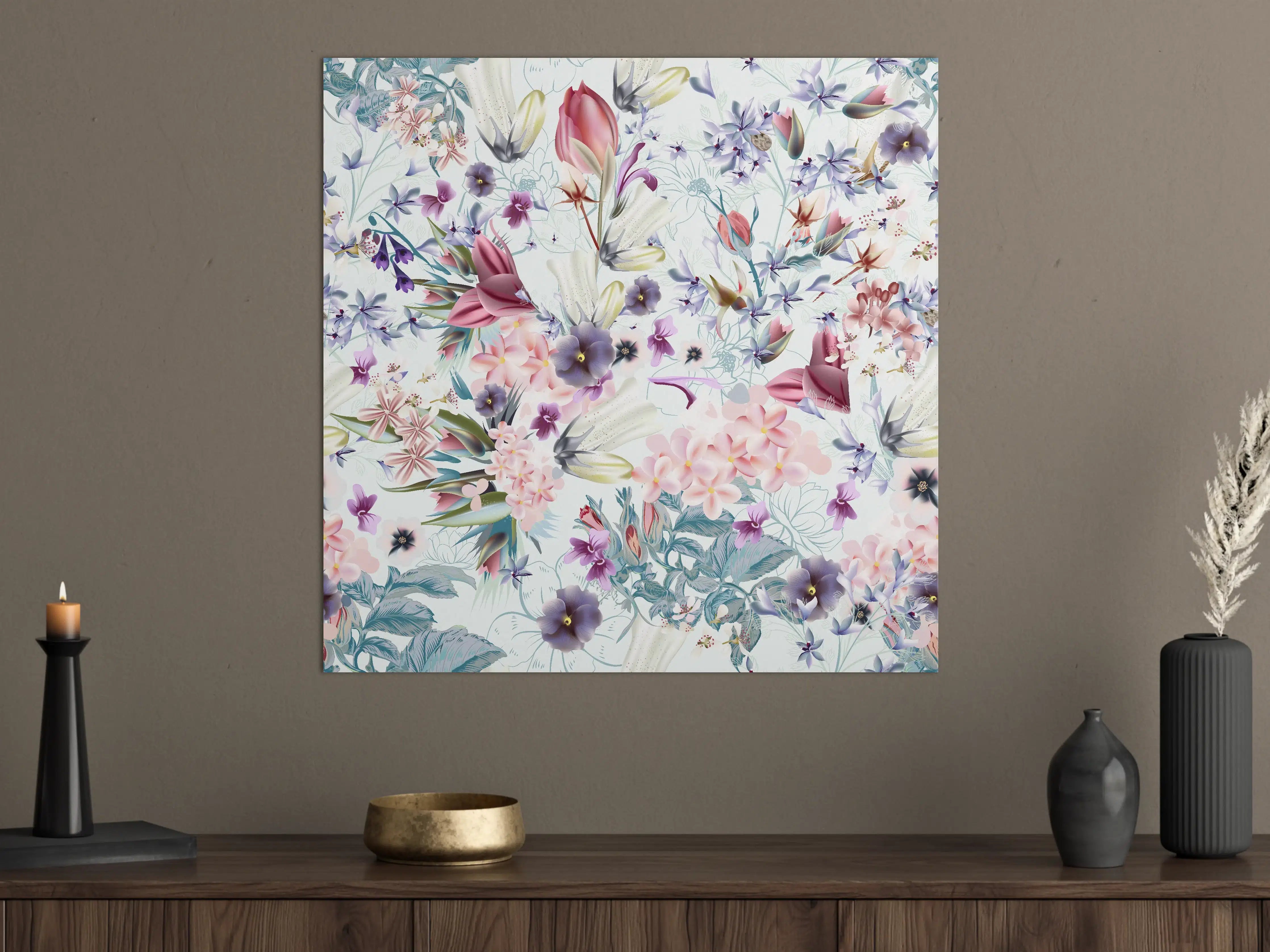 Große Wandbilder - 'Helle Blumenmuster in Pastellfarben mit zarten Graunuancen'
