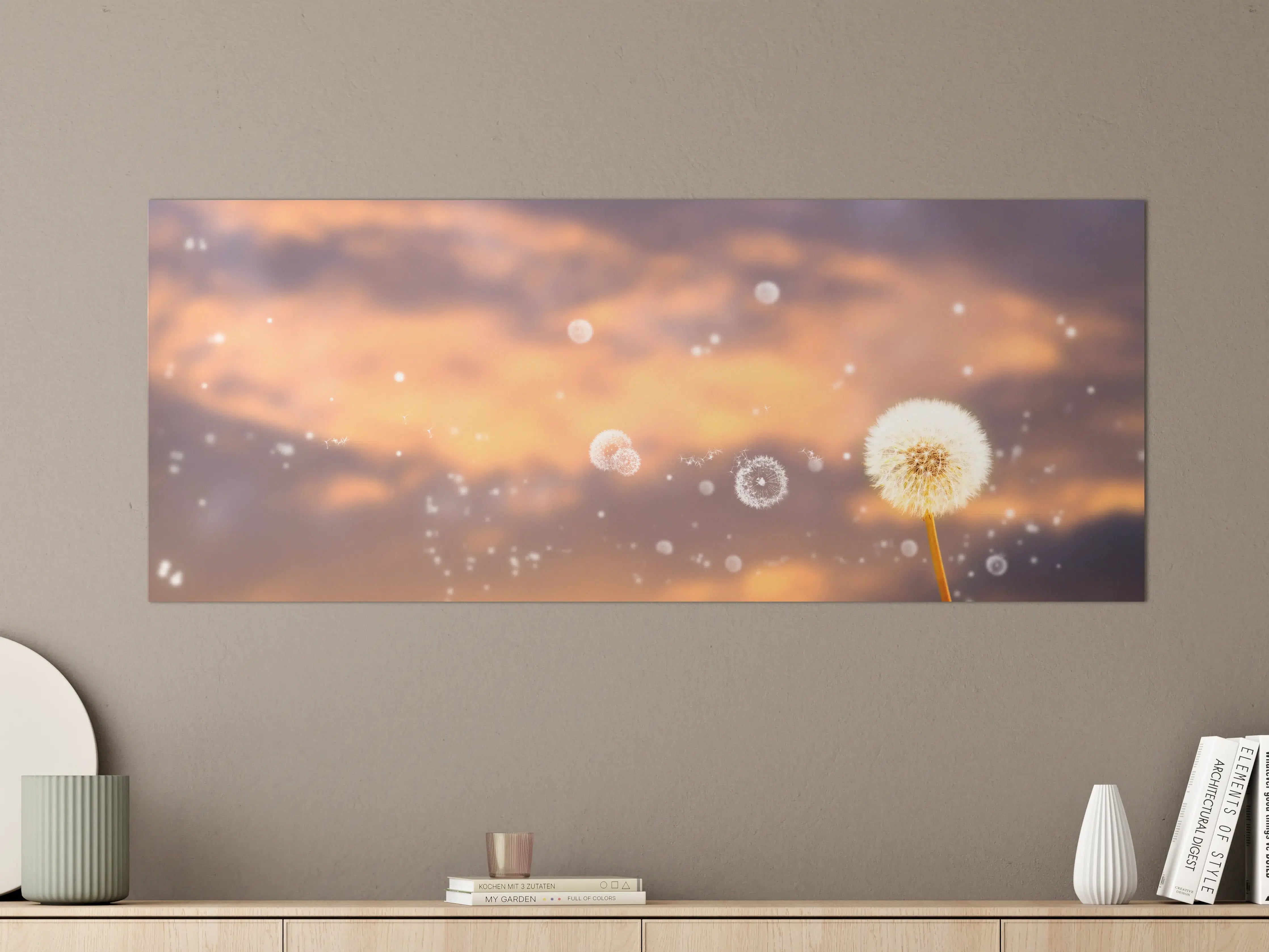 Große Wandbilder - blütenstaub von pusteblumen in der abendsonne