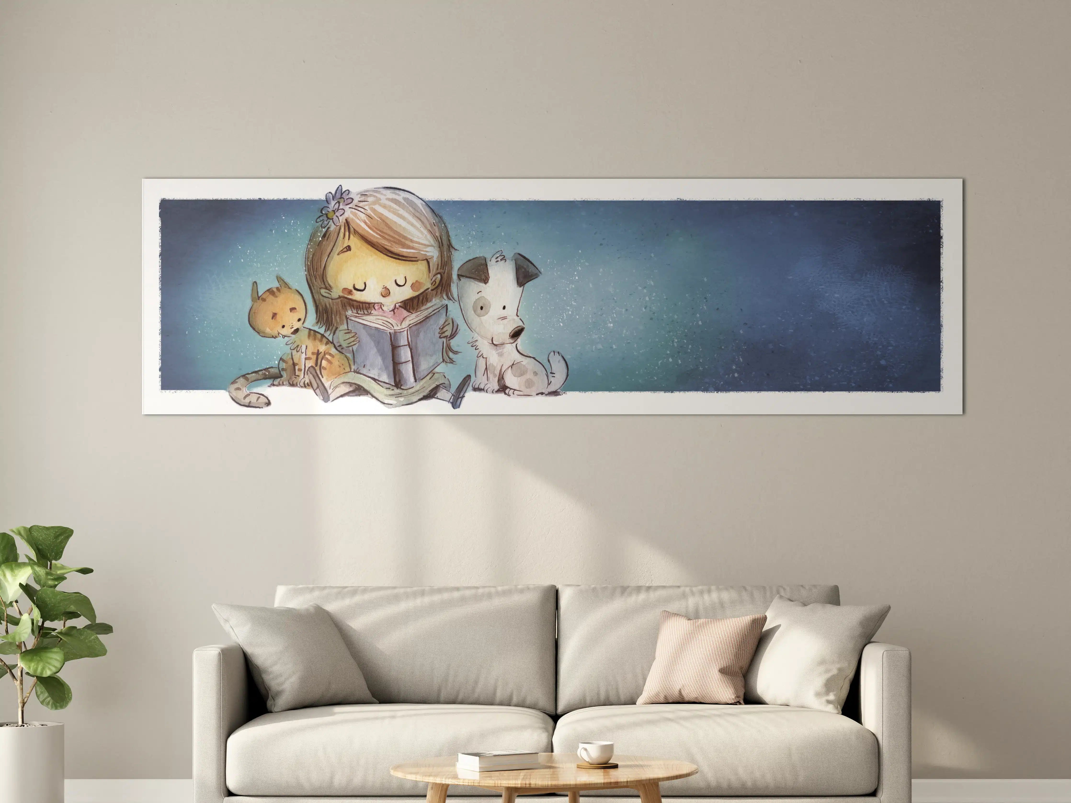 Große Wandbilder - lesendes Mädchen mit Hund und Katze