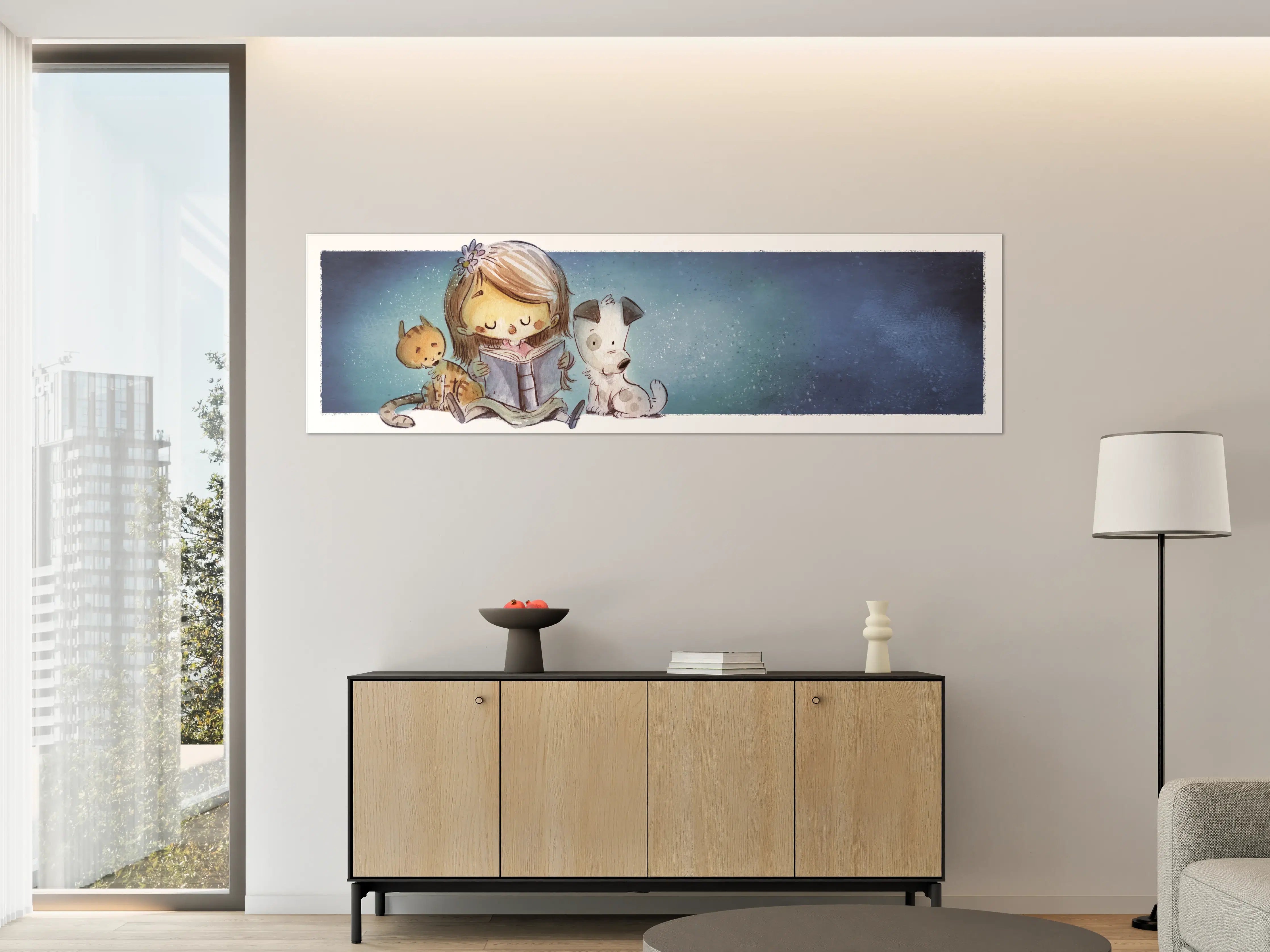 Große Wandbilder - lesendes Mädchen mit Hund und Katze