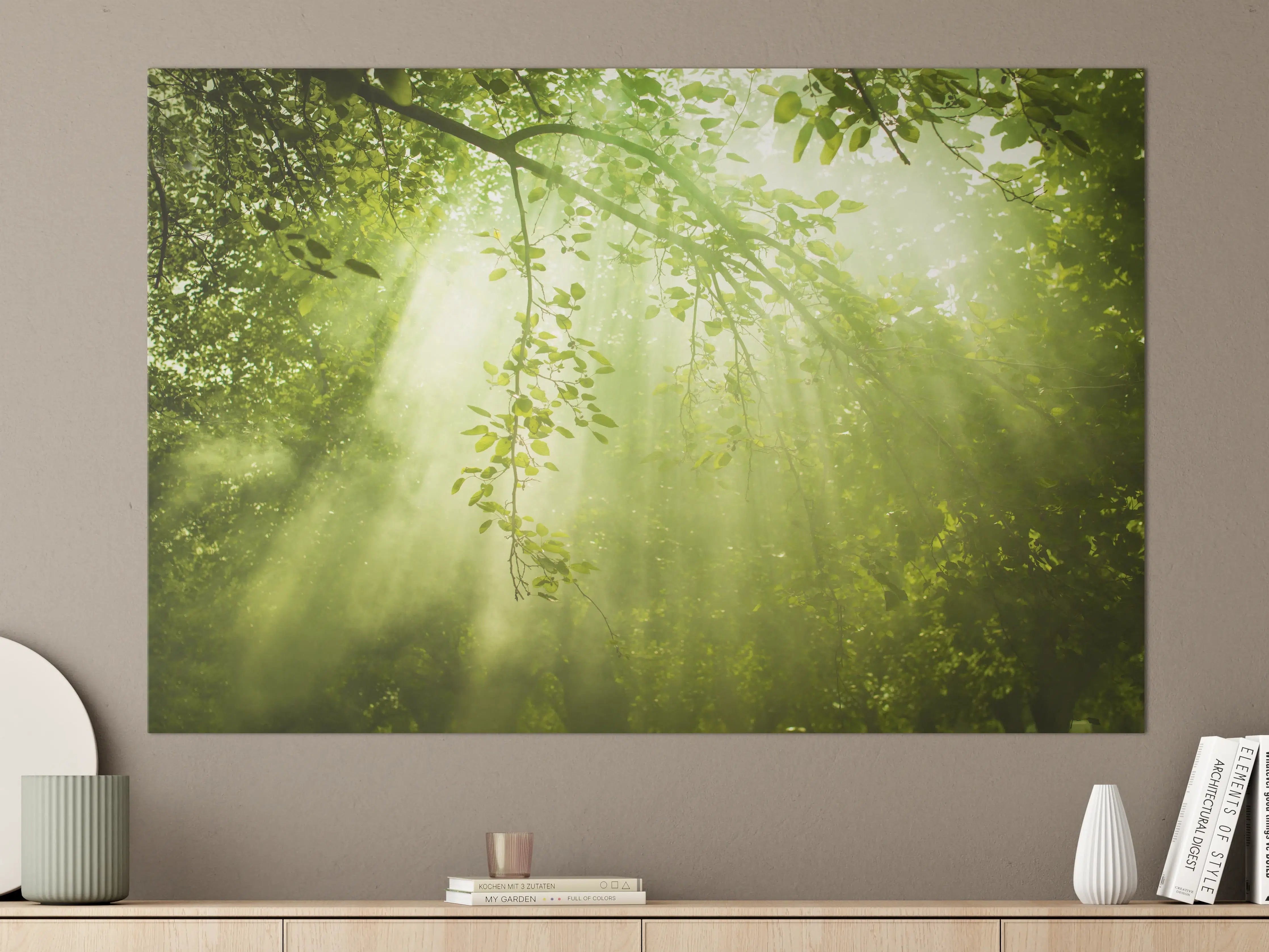 Große Wandbilder - mystischer Grüner Wald mit Sonnenstrahl