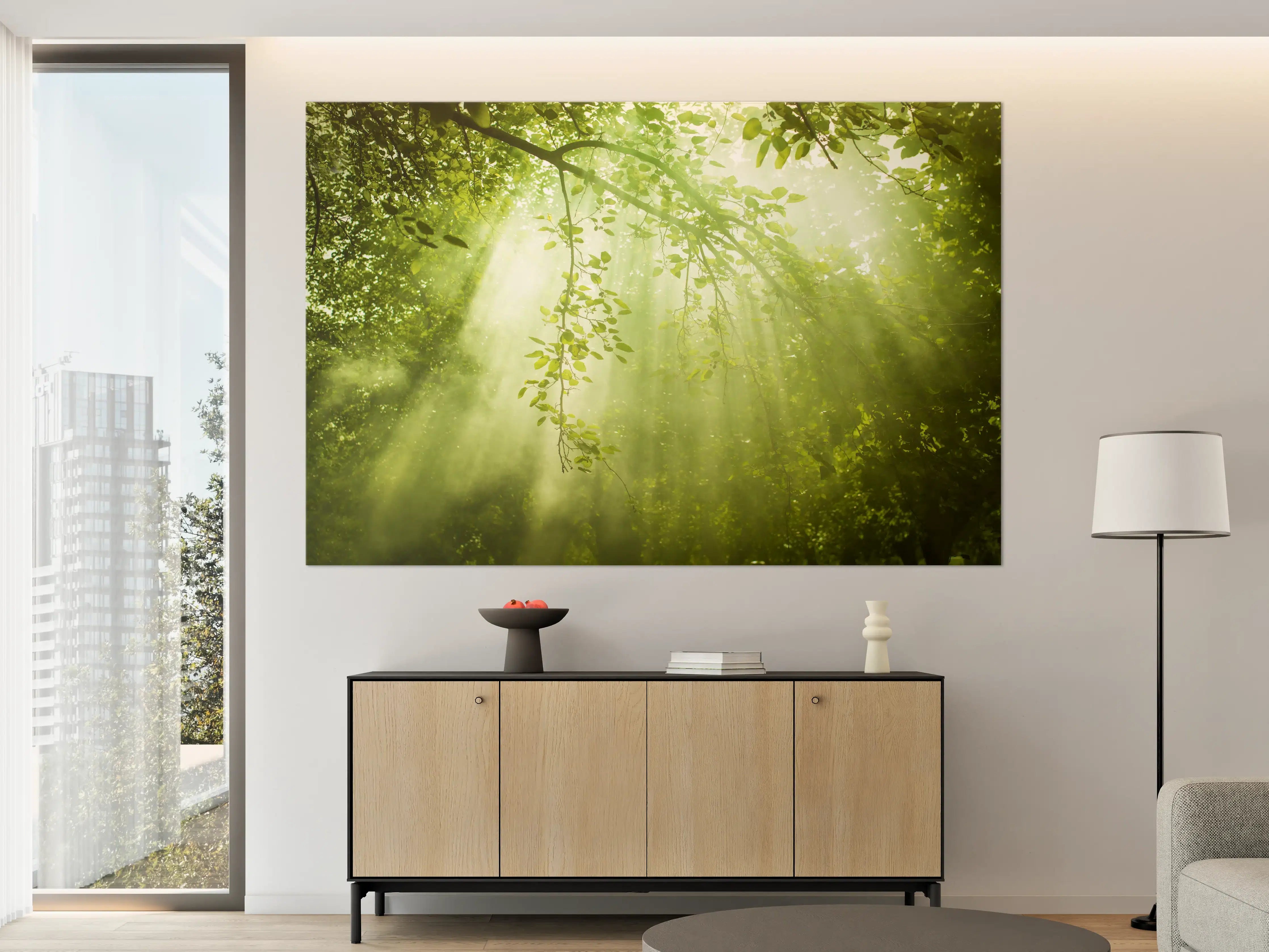 Große Wandbilder - mystischer Grüner Wald mit Sonnenstrahl