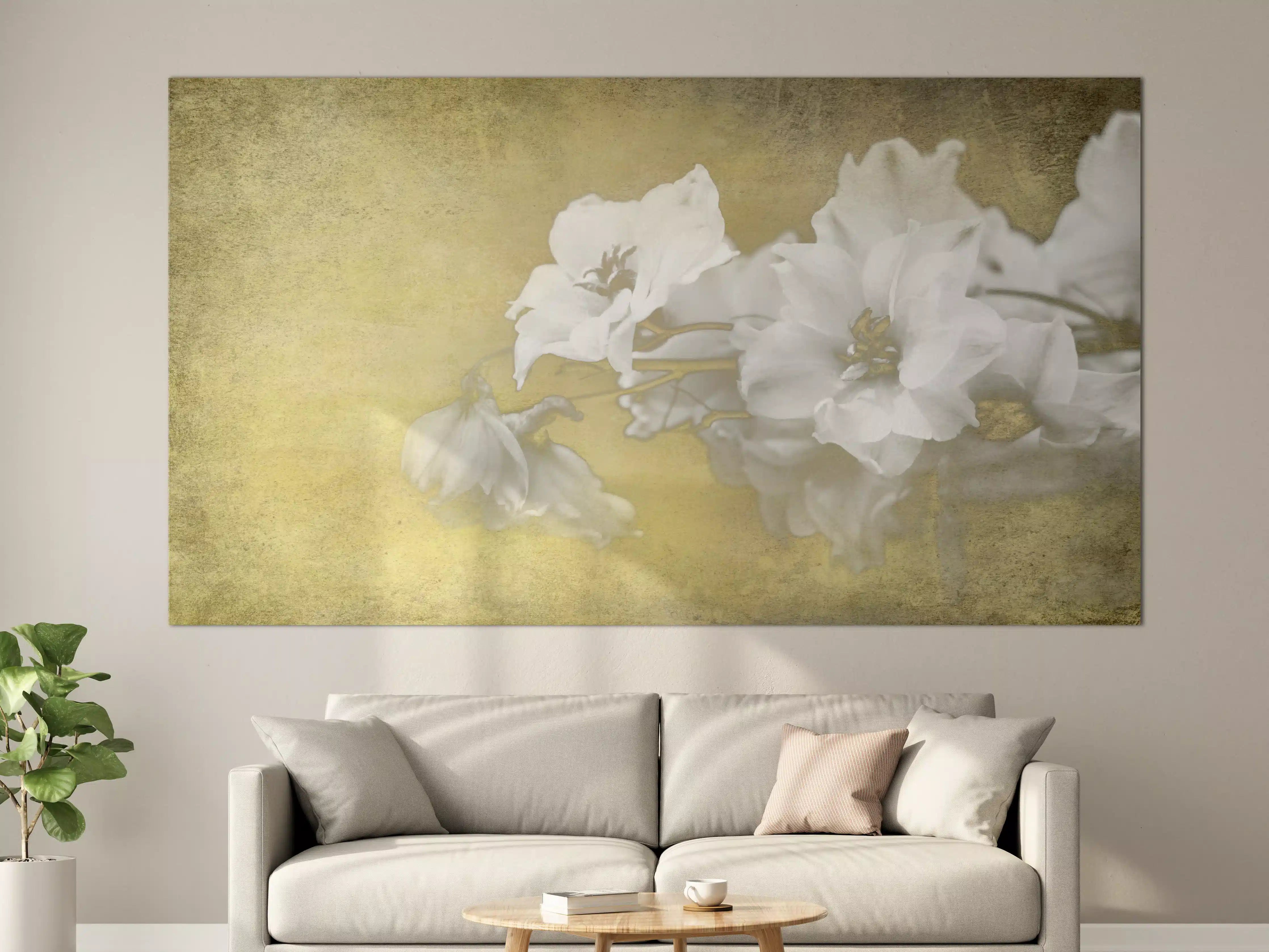 Große Wandbilder - weiße Blumen auf goldenem Hintergrund