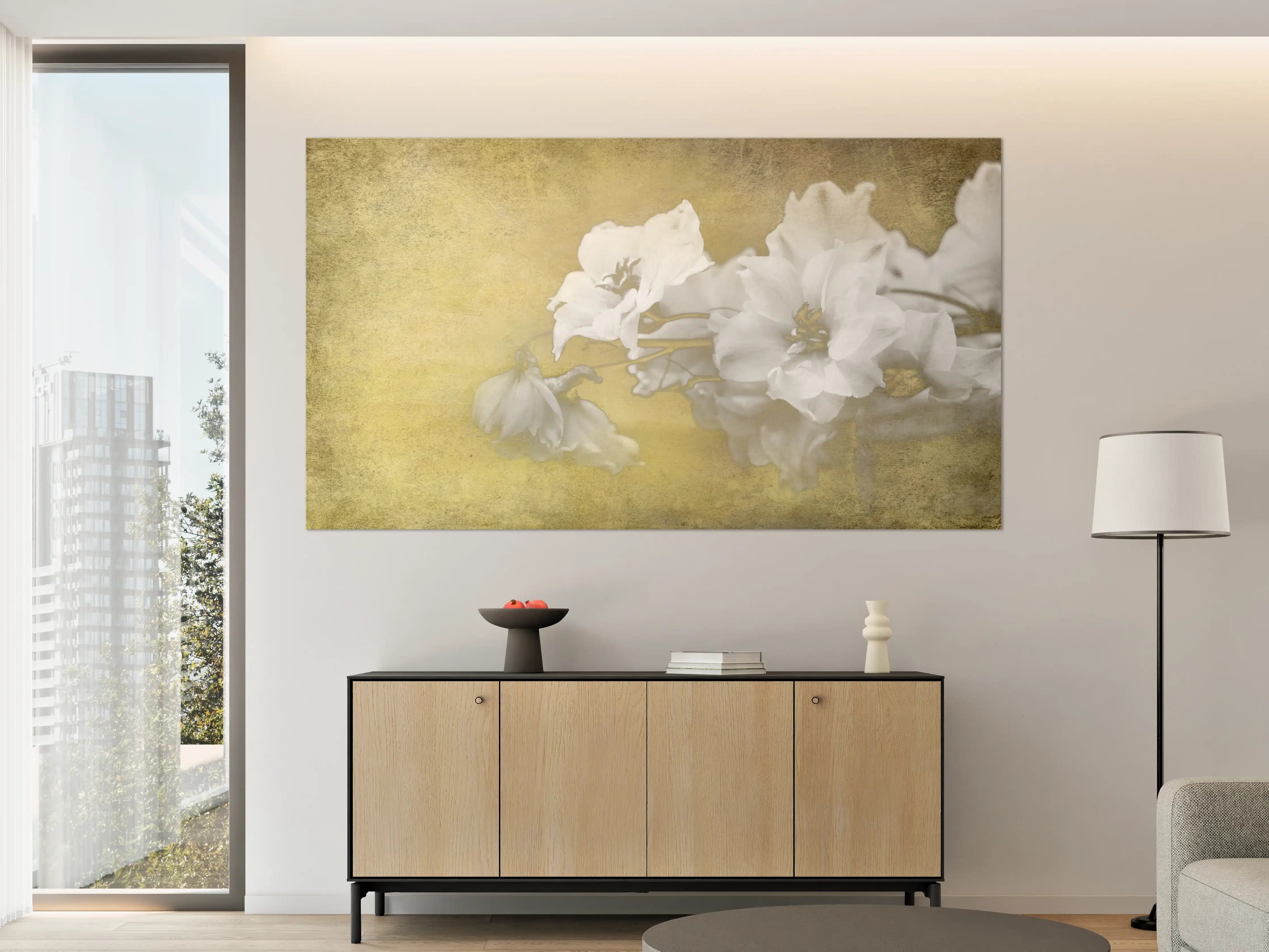 Große Wandbilder - weiße Blumen auf goldenem Hintergrund