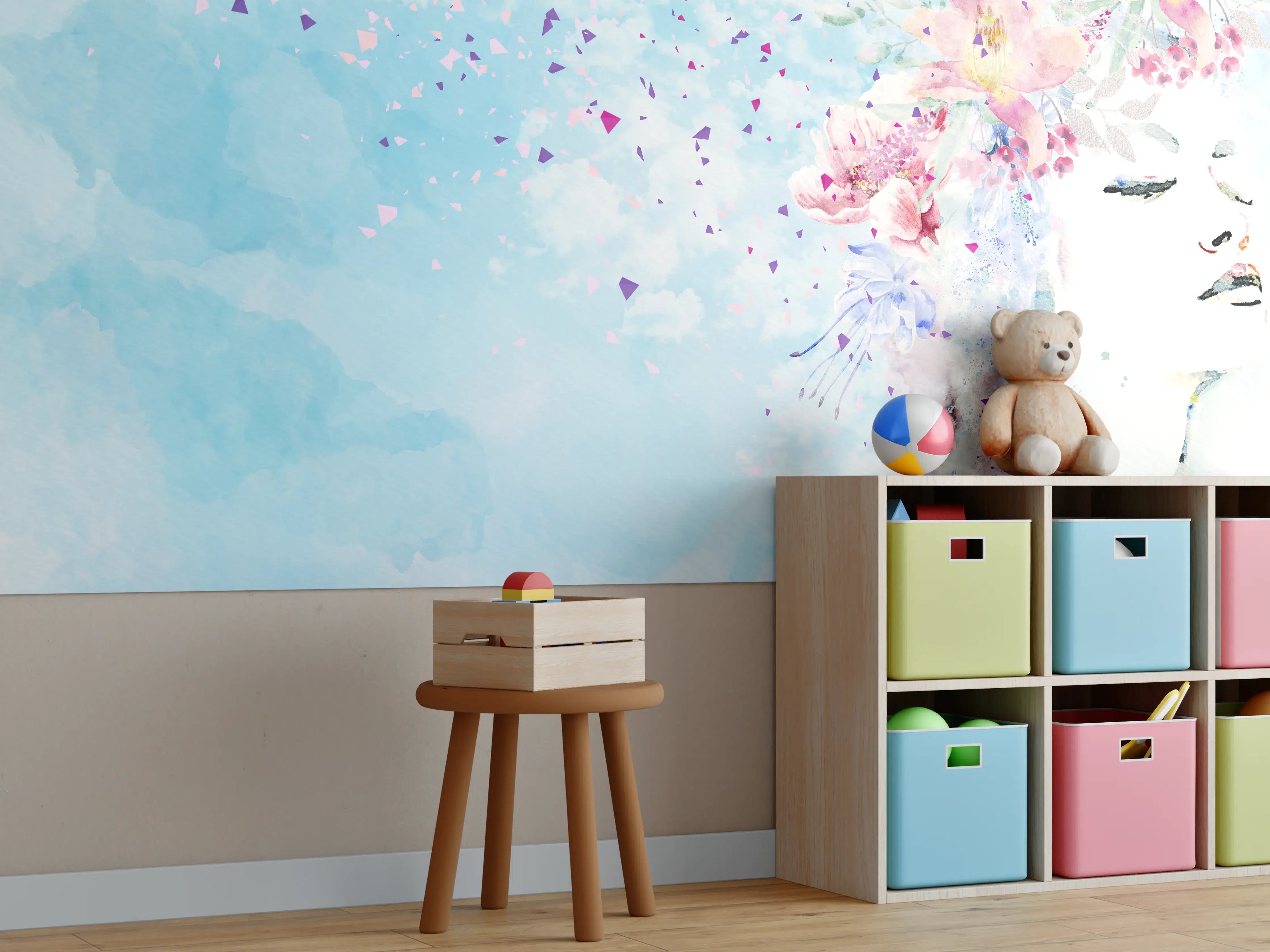 Kinderzimmer Wandgestaltung -  Abstraktes frühlings Aquarell einer Frau