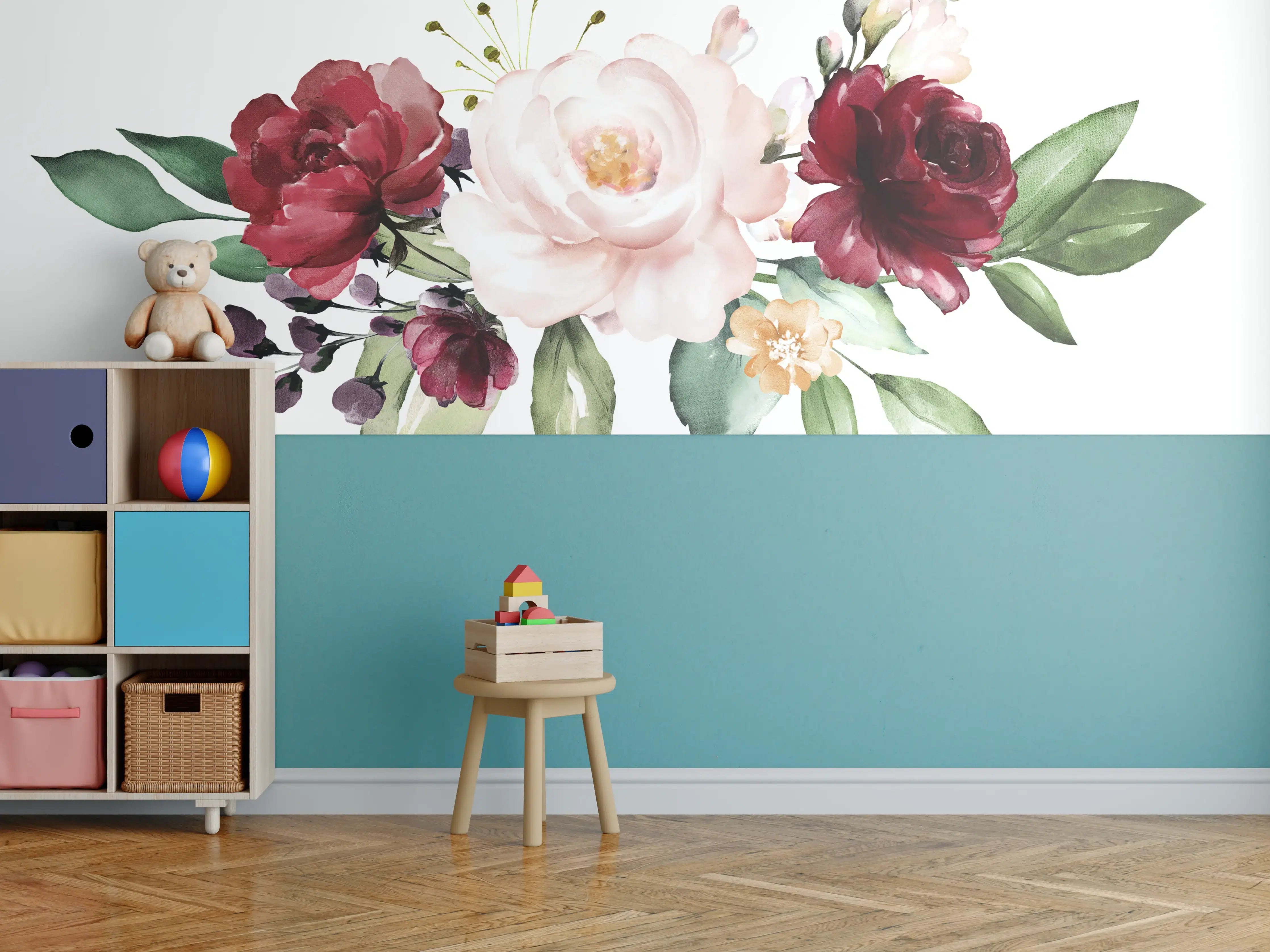 Kinderzimmer Wandgestaltung -  Aquarell bordeauxfarbene Blumen
