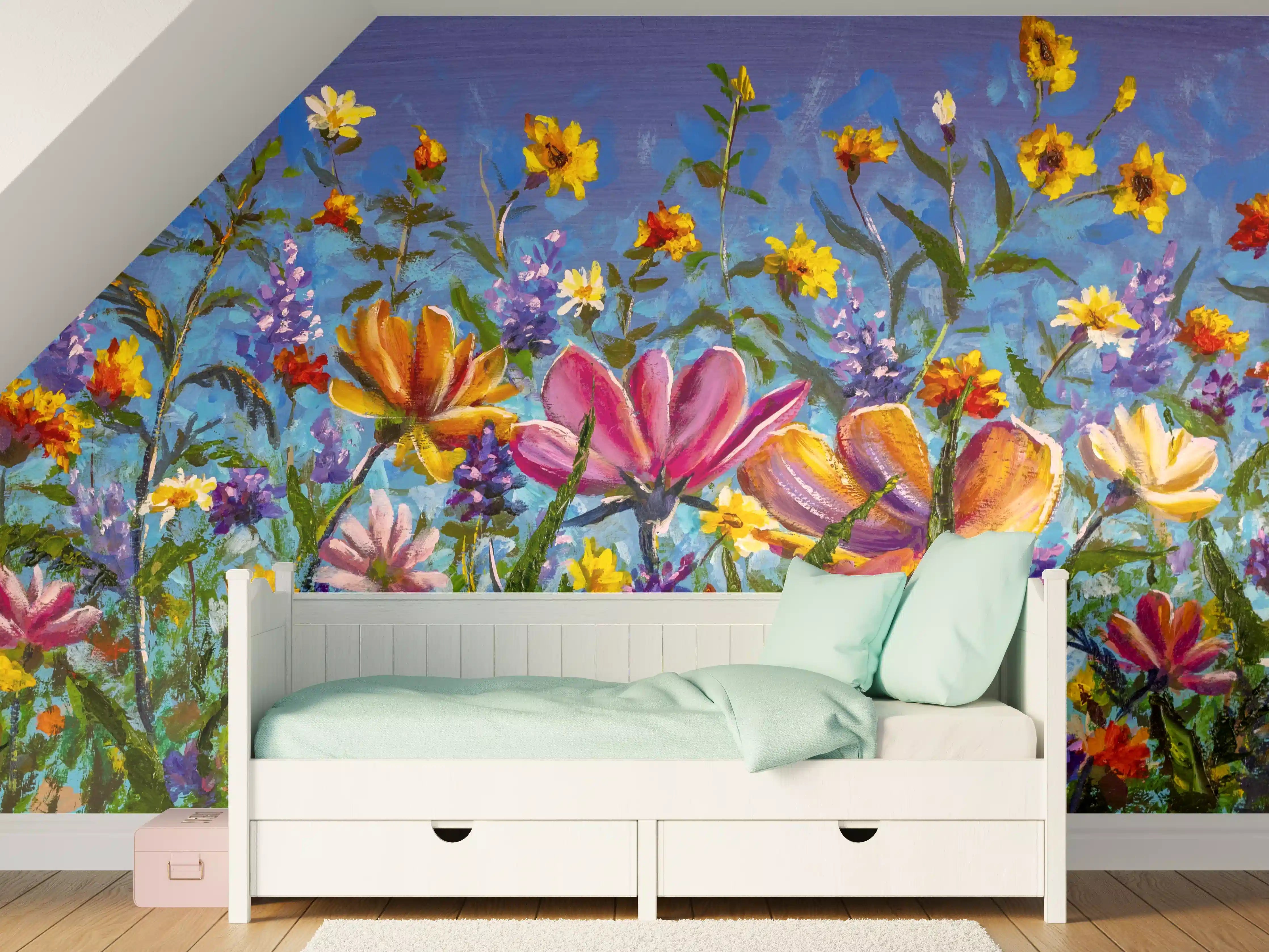 Kinderzimmer Wandgestaltung -  Bunter Blumenmix Ölgemälde