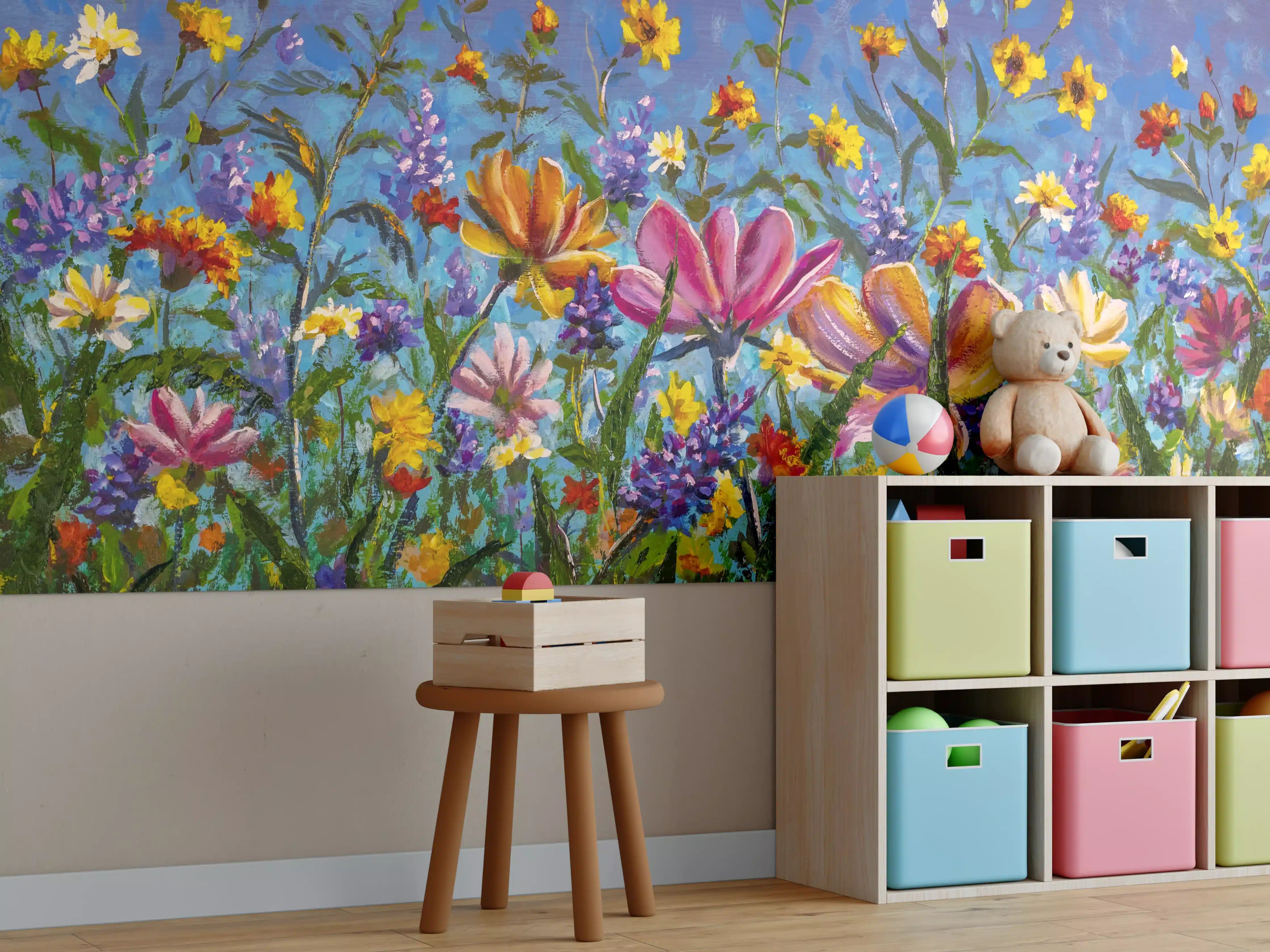 Kinderzimmer Wandgestaltung -  Bunter Blumenmix Ölgemälde