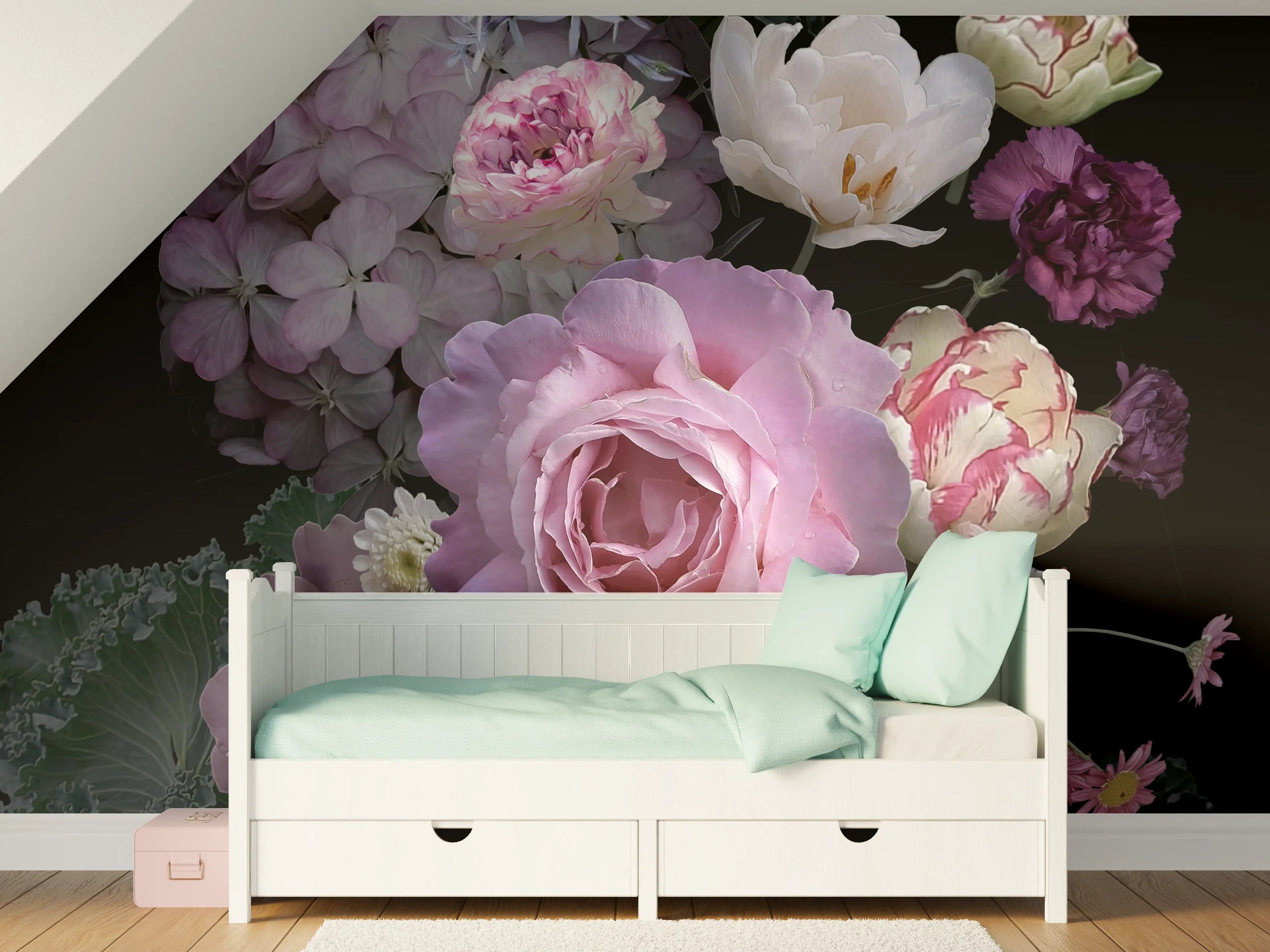 Kinderzimmer Wandgestaltung -  Garten Blumen mit dunklem Hintergrund