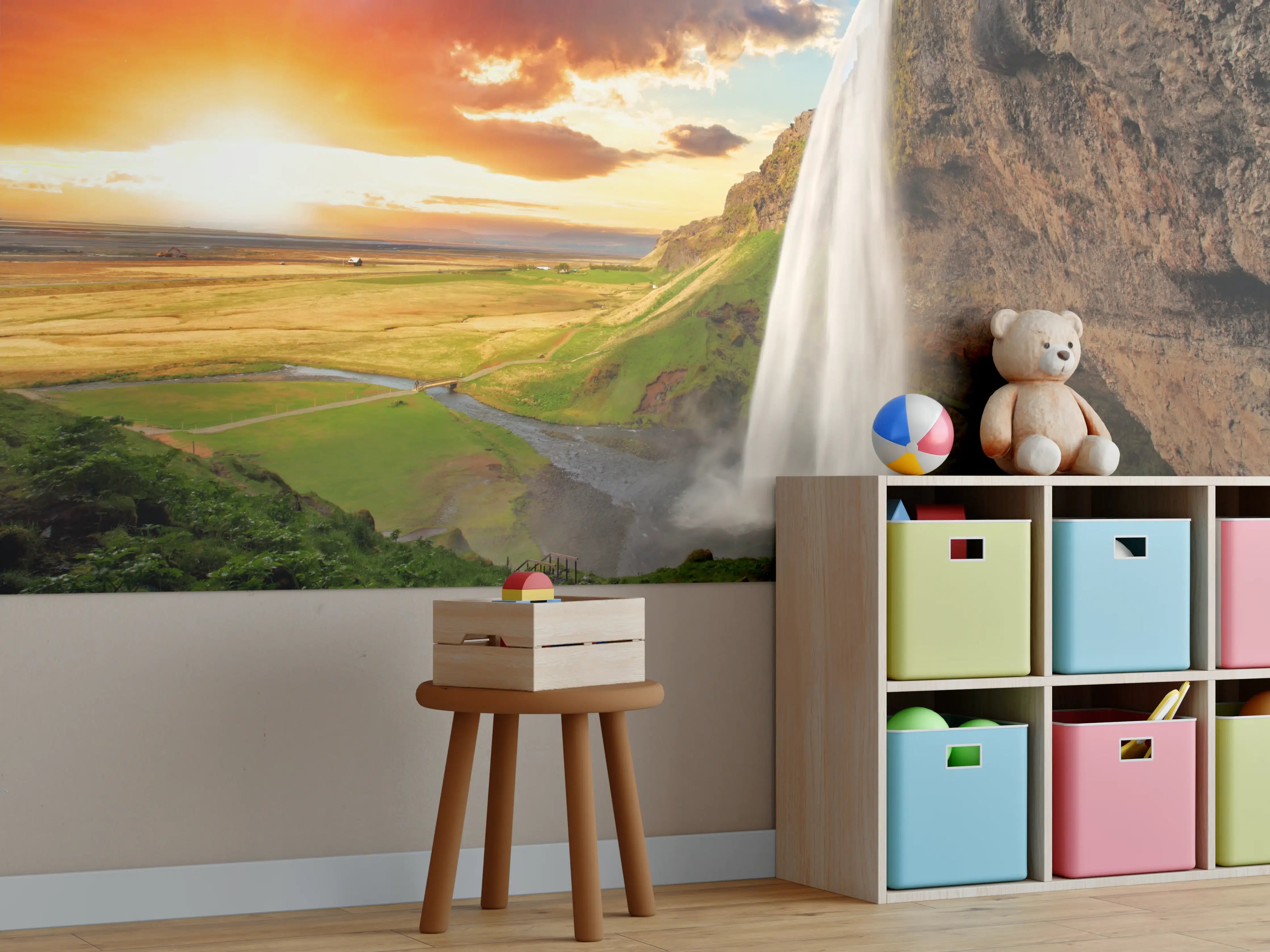 Kinderzimmer Wandgestaltung -  Seljalandsfoss Wasserfall bei Sonnenuntergang