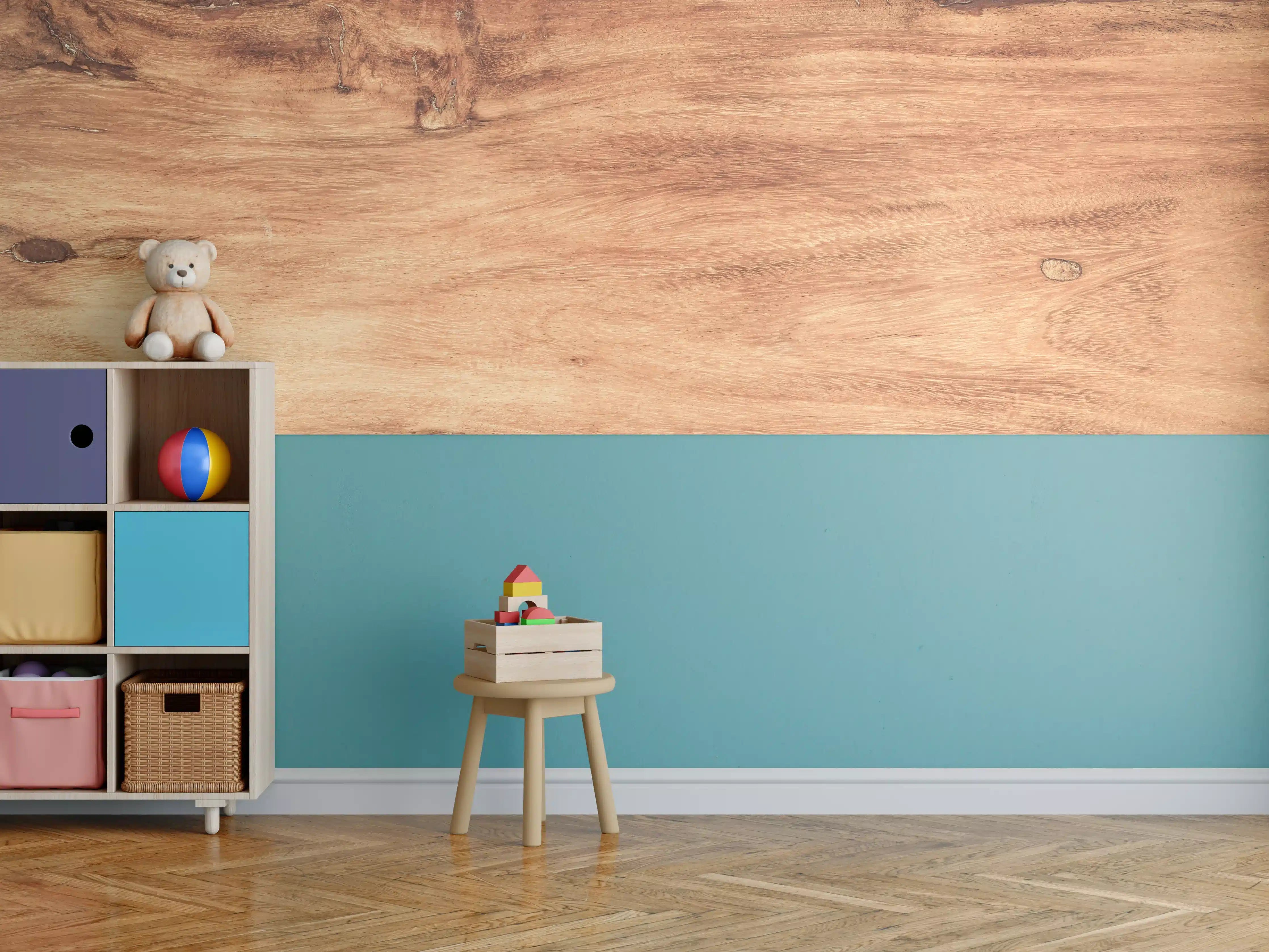 Kinderzimmer Wandgestaltung -  Teakholz mit natürlichem Muster