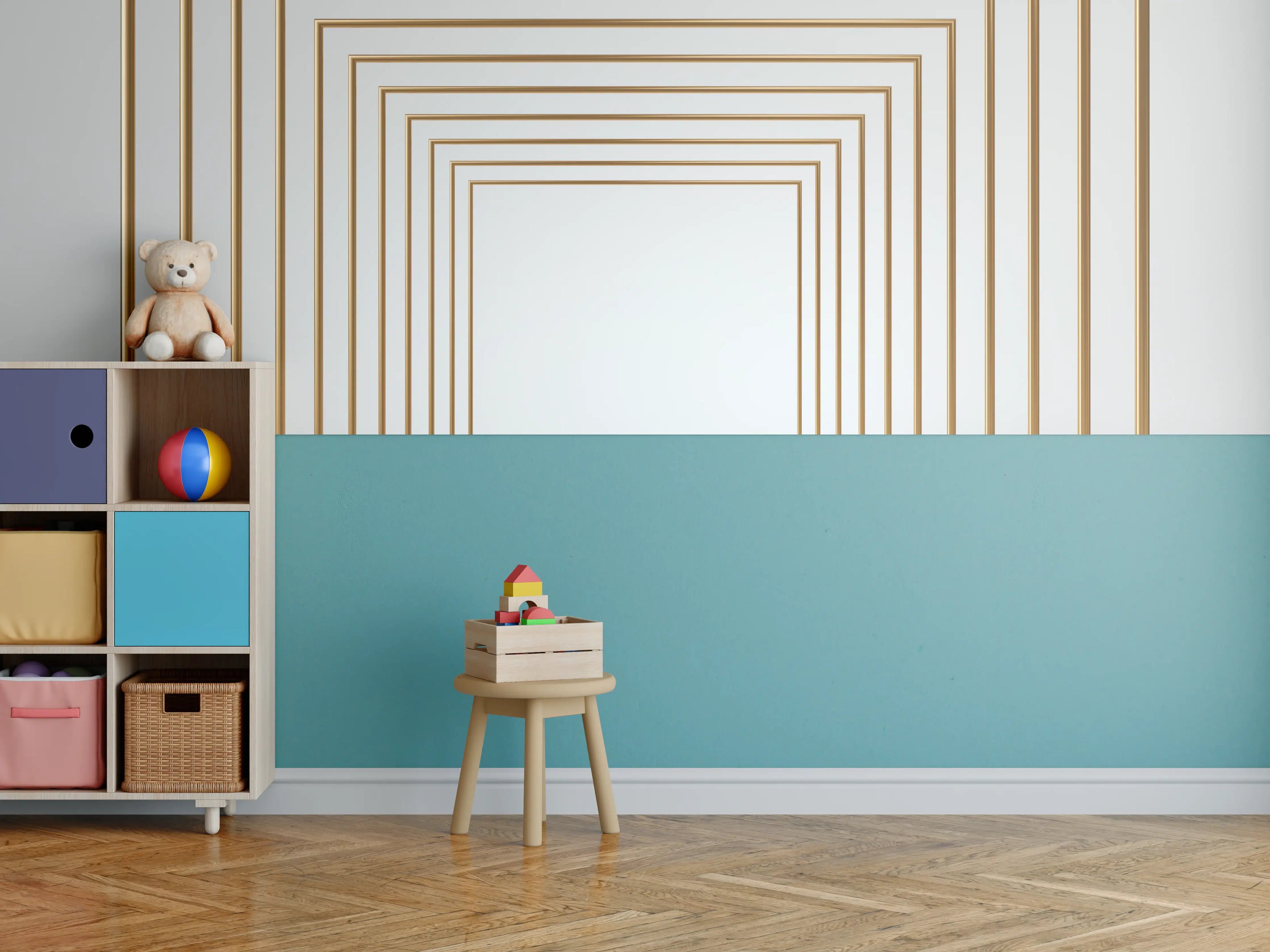 Kinderzimmer Wandgestaltung - 3D-Design eines Tunnels mit vergoldeten Stangen