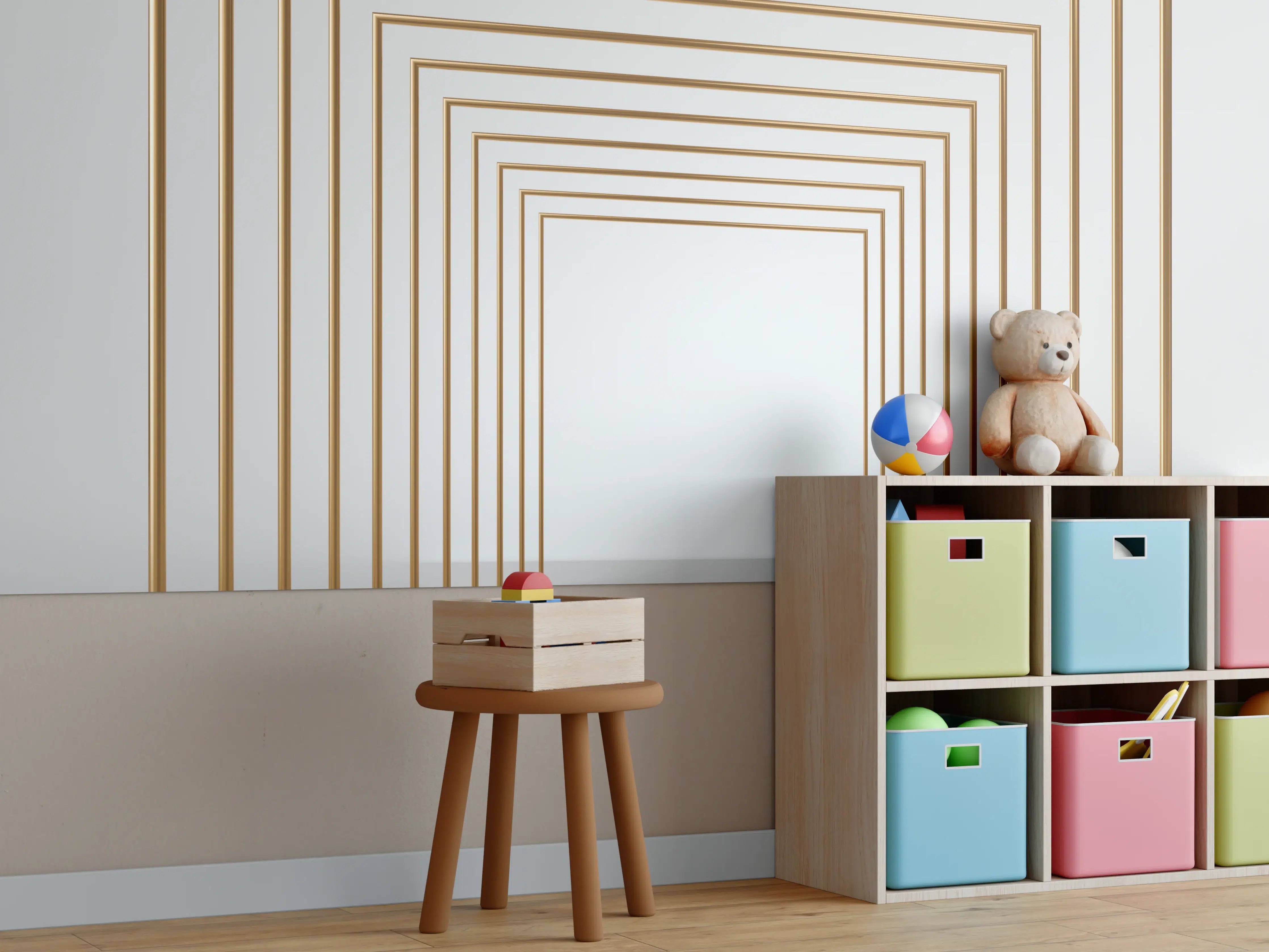 Kinderzimmer Wandgestaltung - 3D-Design eines Tunnels mit vergoldeten Stangen