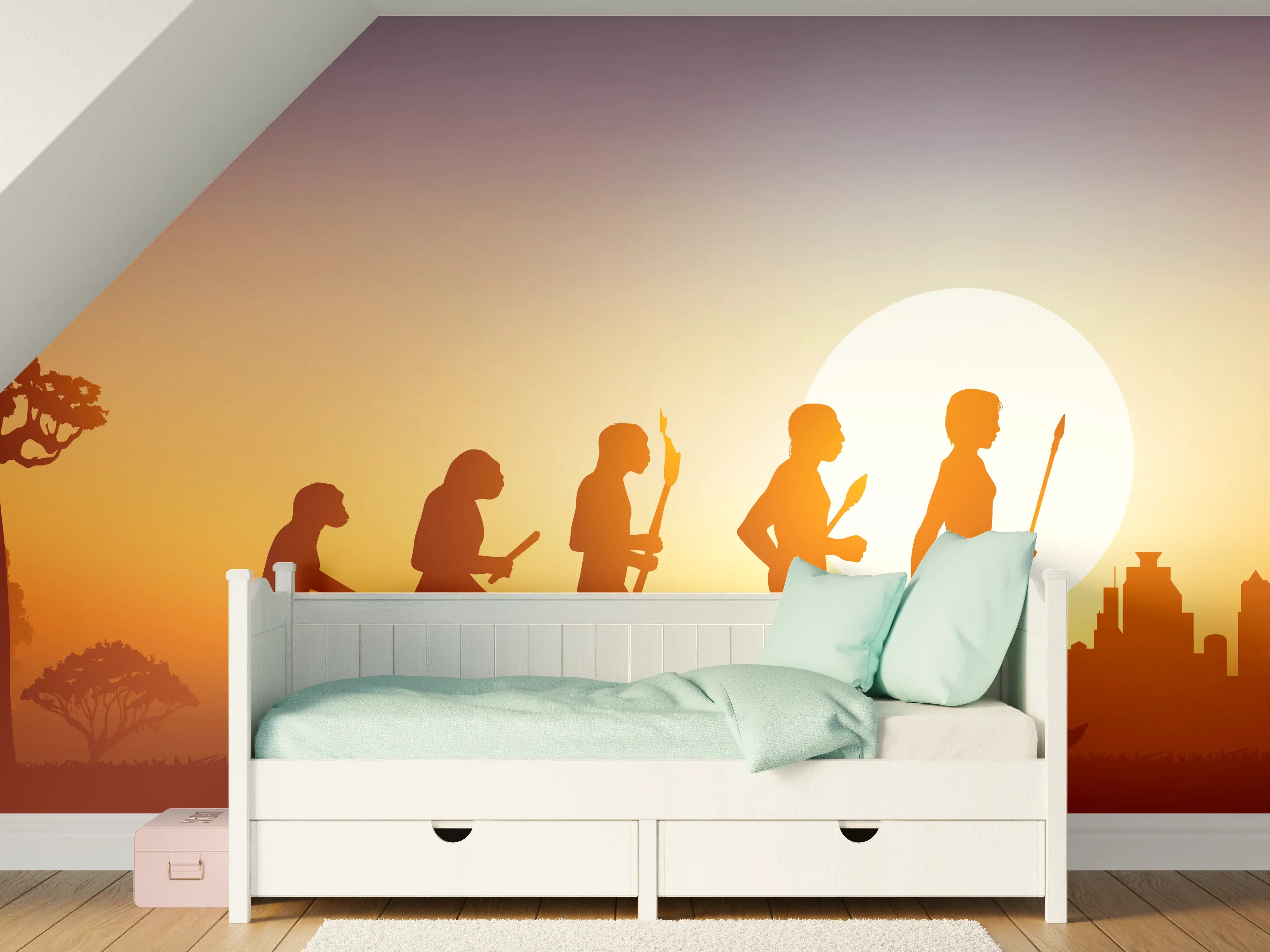 Kinderzimmer Wandgestaltung - Abenteuerlicher Sonnenuntergang mit Dinosaurier-Motiven
