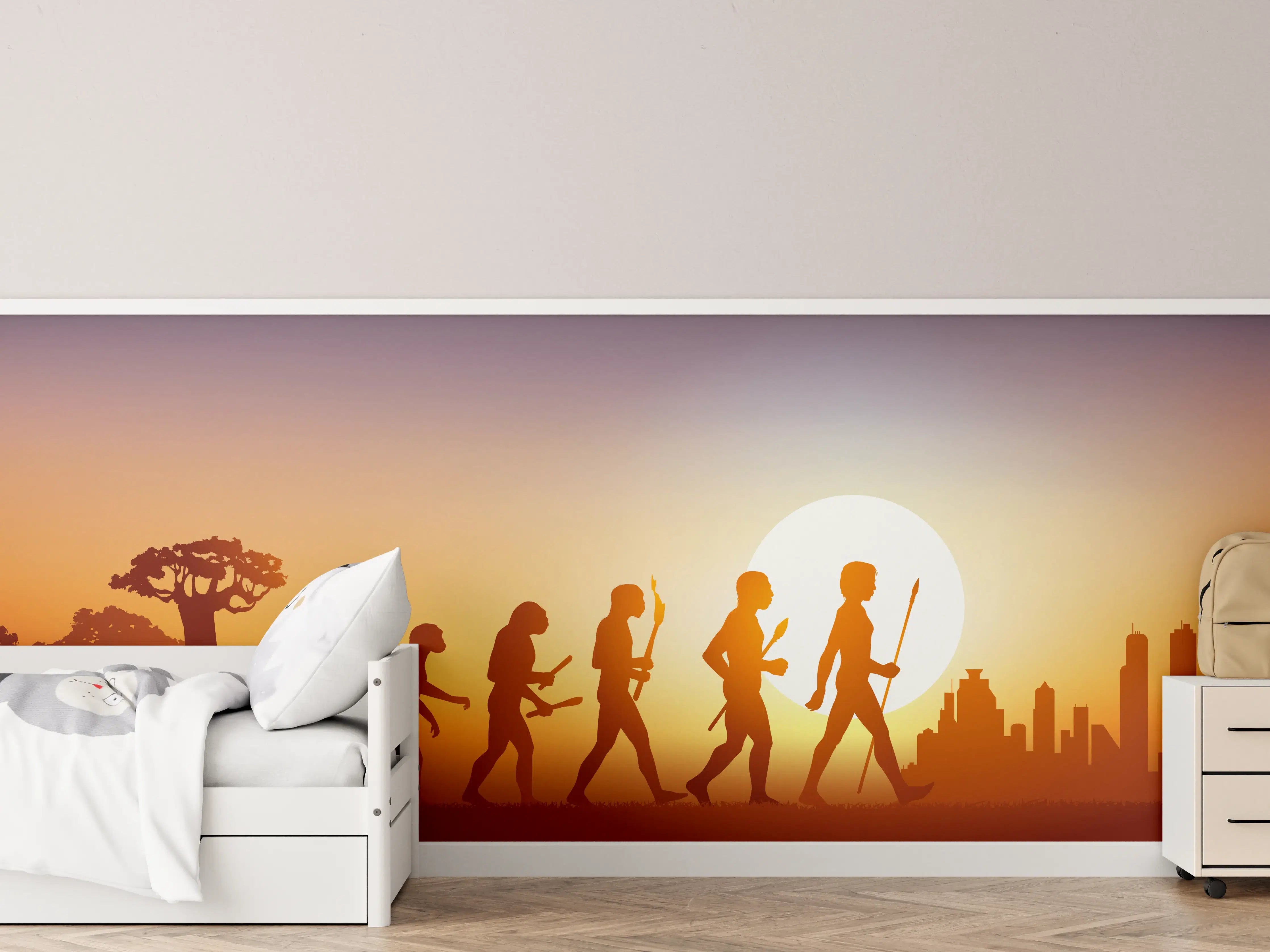 Kinderzimmer Wandgestaltung - Abenteuerlicher Sonnenuntergang mit Dinosaurier-Motiven