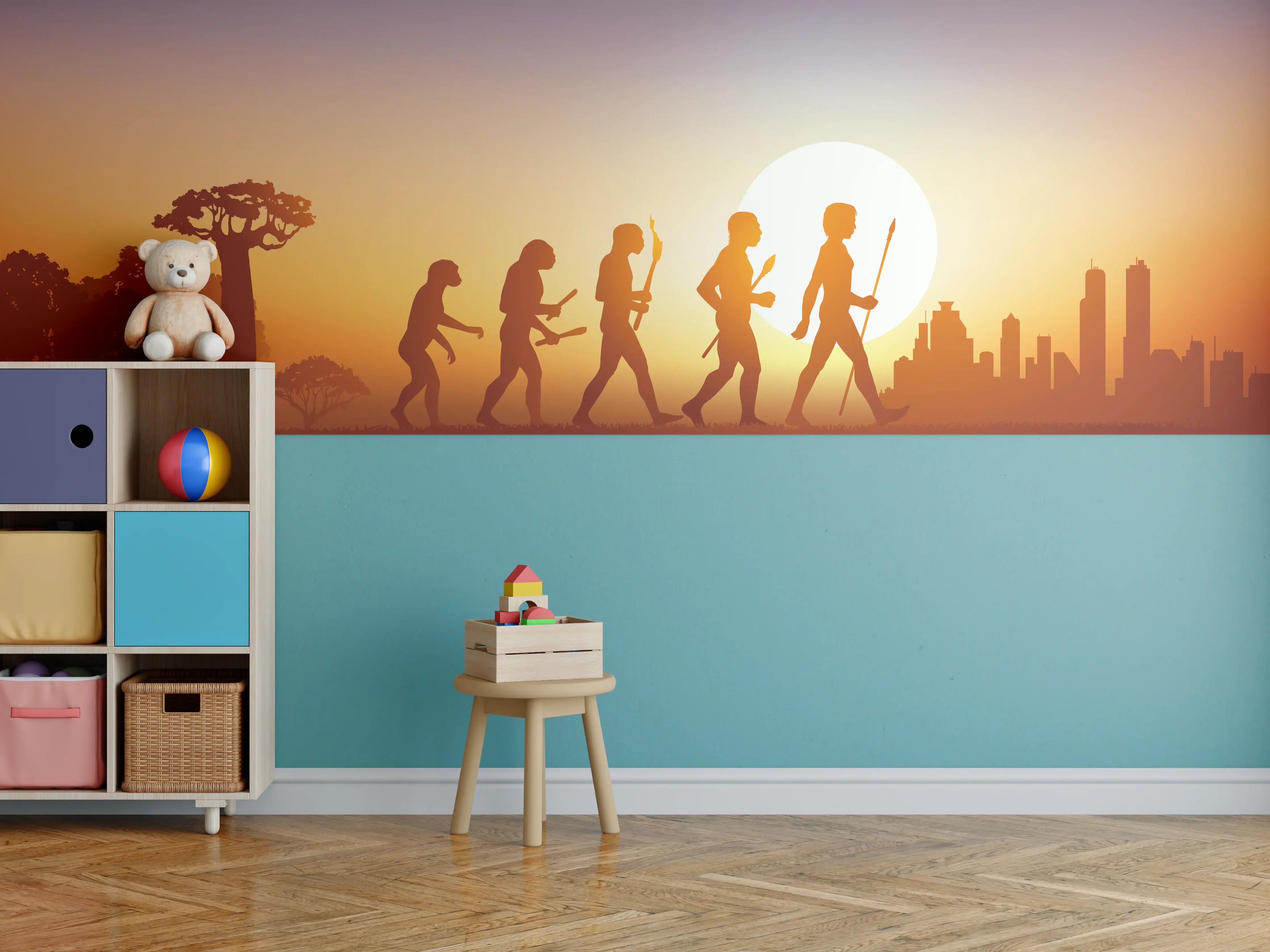 Kinderzimmer Wandgestaltung - Abenteuerlicher Sonnenuntergang mit Dinosaurier-Motiven