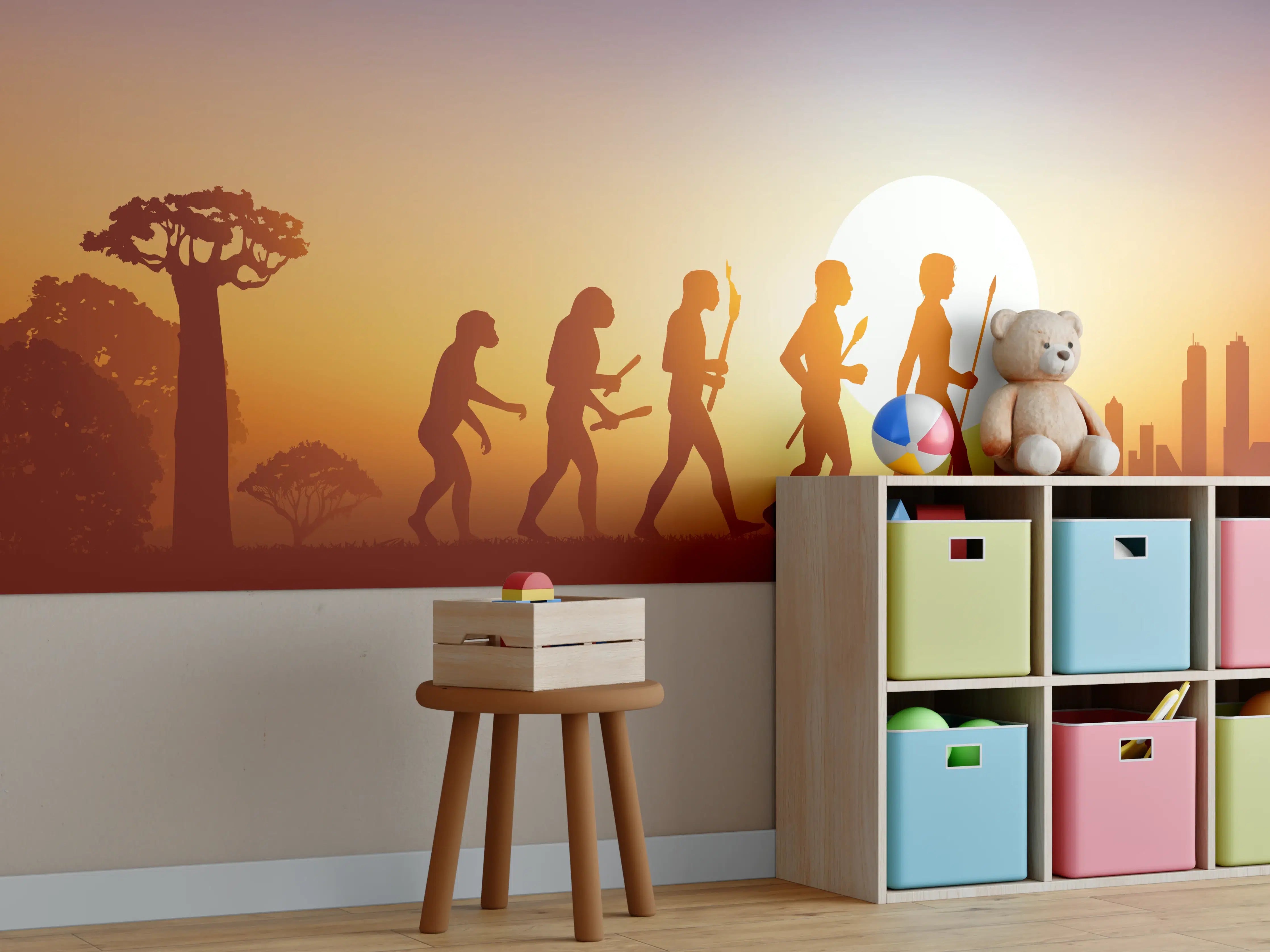 Kinderzimmer Wandgestaltung - Abenteuerlicher Sonnenuntergang mit Dinosaurier-Motiven