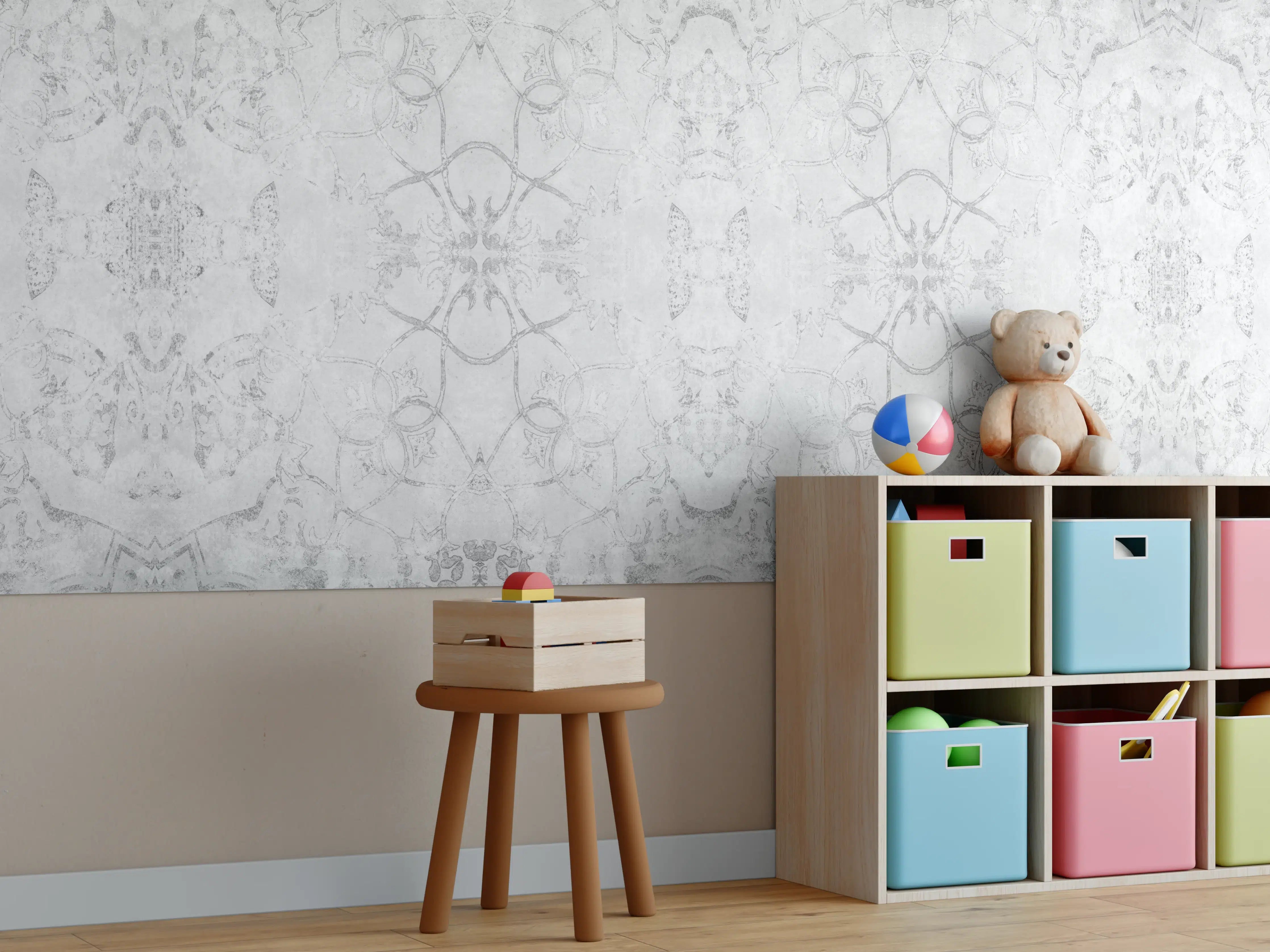 Kinderzimmer Wandgestaltung - Abgenutzte weiße Tapetenmuster